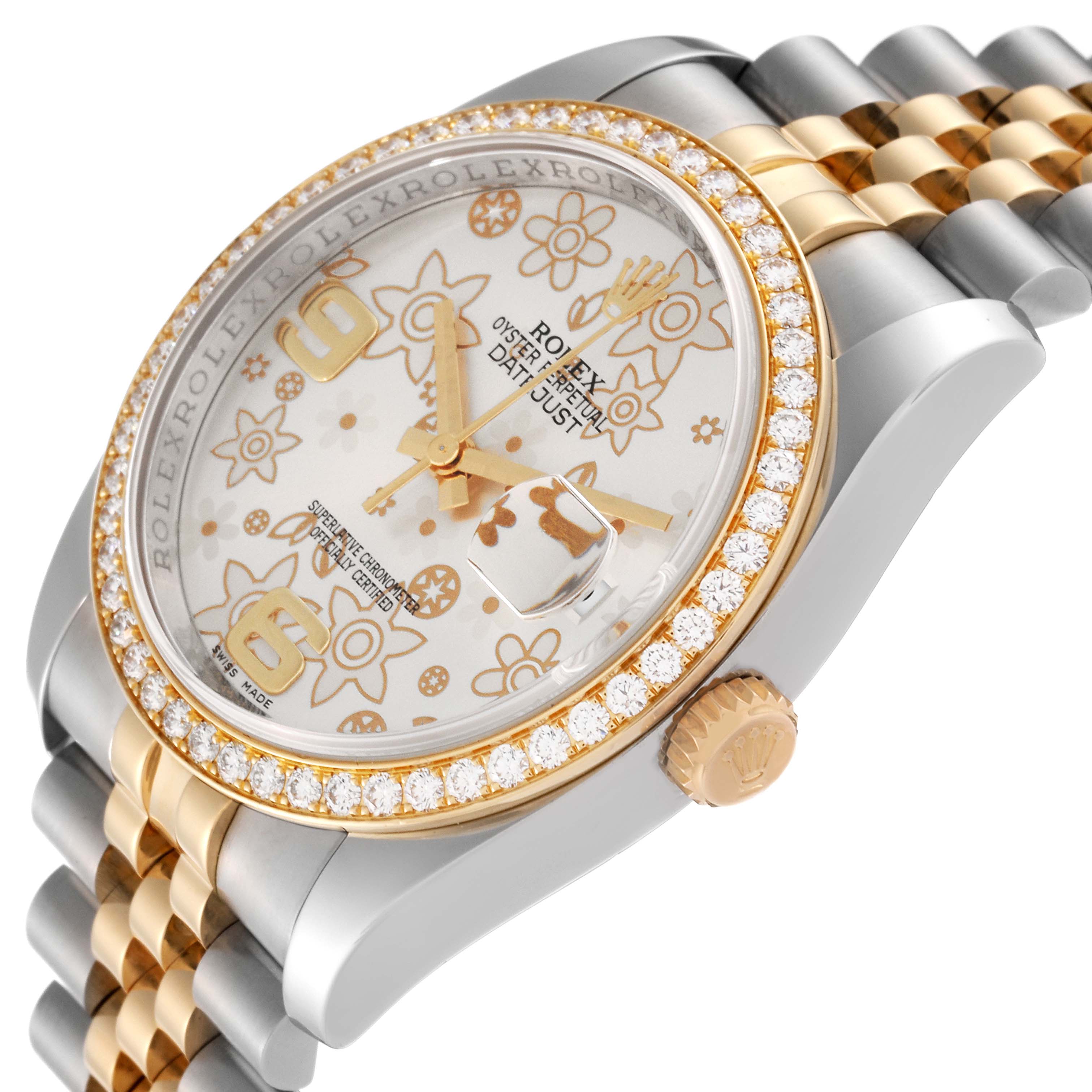 This image shows a close-up of the Rolex Datejust 116243 Men's Steel and Gold (two tone) Silver Dial 116243 Men's Steel and Gold (two tone) Silver Dial watch, highlighting the floral dial, diamond bezel, and two-tone bracelet.