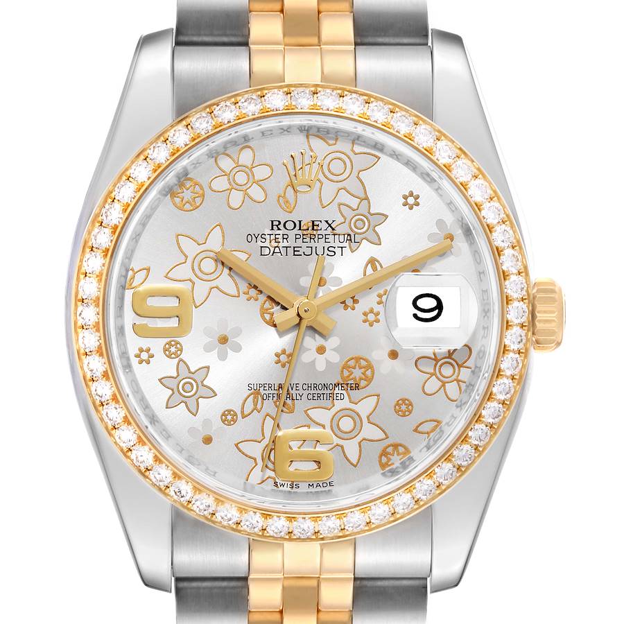 Rolex Datejust Silver Floral Dial Steel Yellow Gold Diamond Men's Watch 116243 SwissWatchExpo