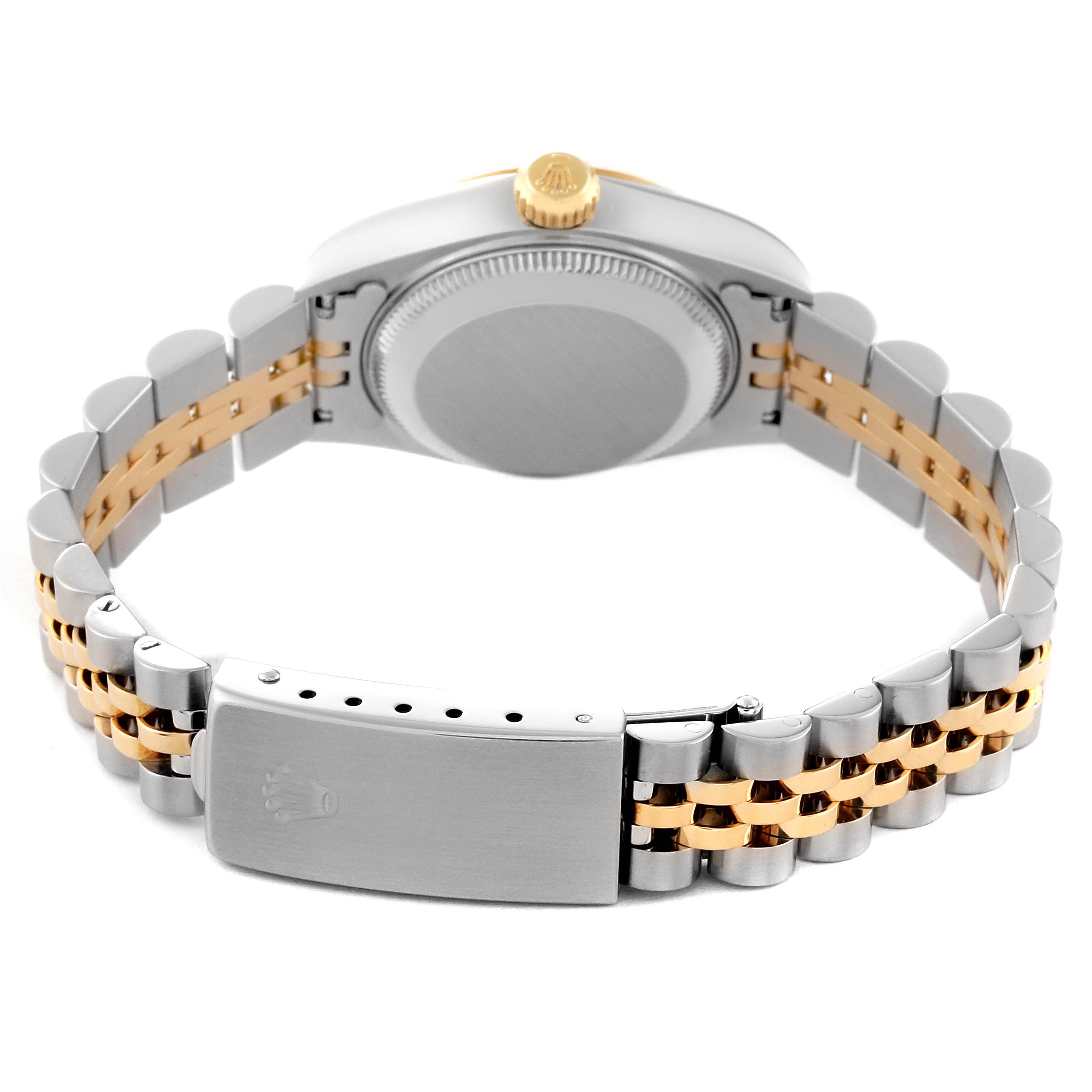 The image shows the back view of a Rolex Datejust 69173 Women's Steel and Gold (two tone) Grey Dial 69173 Women's Steel and Gold (two tone) Grey Dial watch, highlighting its two-tone bracelet and clasp.