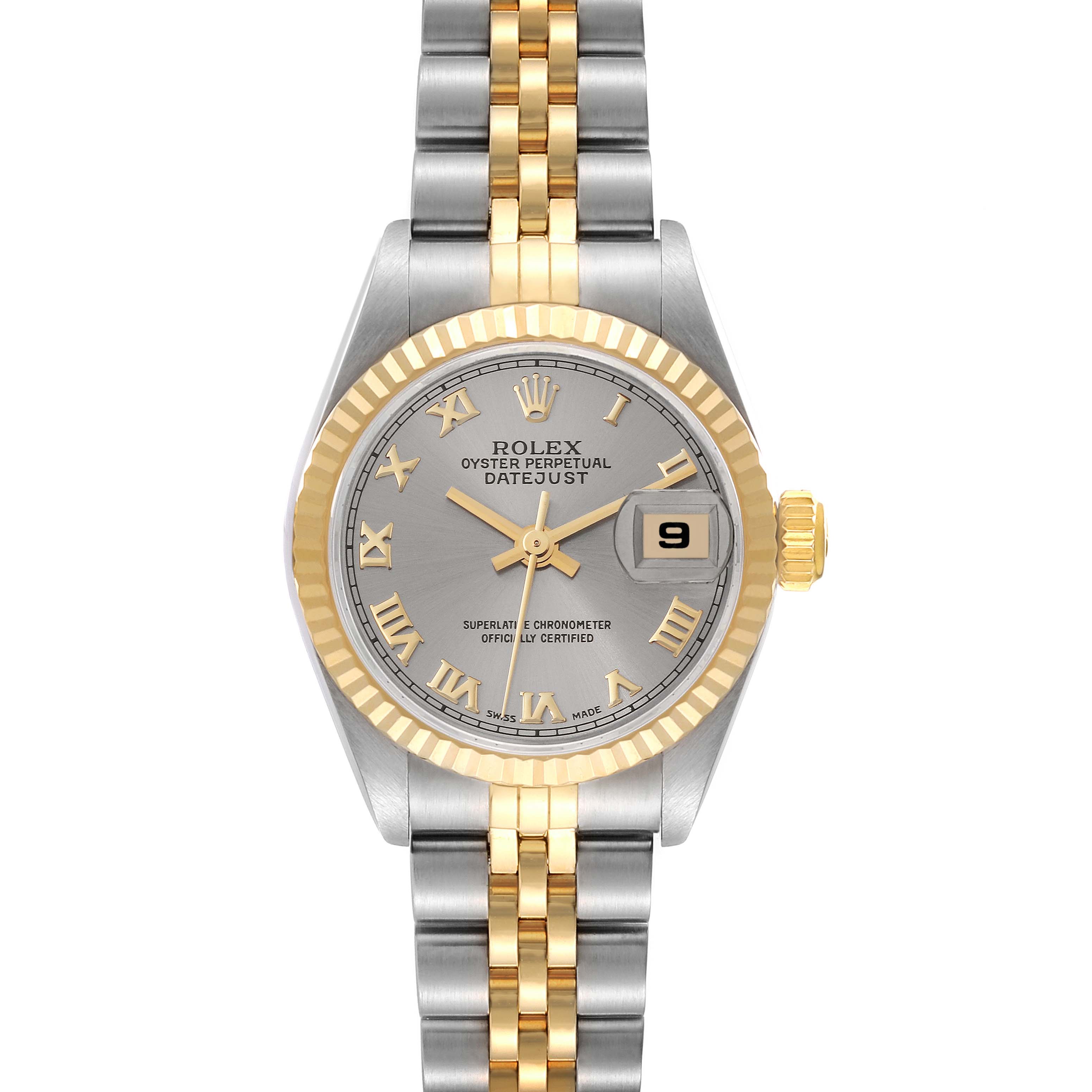The Rolex Datejust 69173 Women's Steel and Gold (two tone) Grey Dial 69173 Women's Steel and Gold (two tone) Grey Dial watch is shown from a front angle, displaying its face, fluted bezel, and two-tone bracelet.