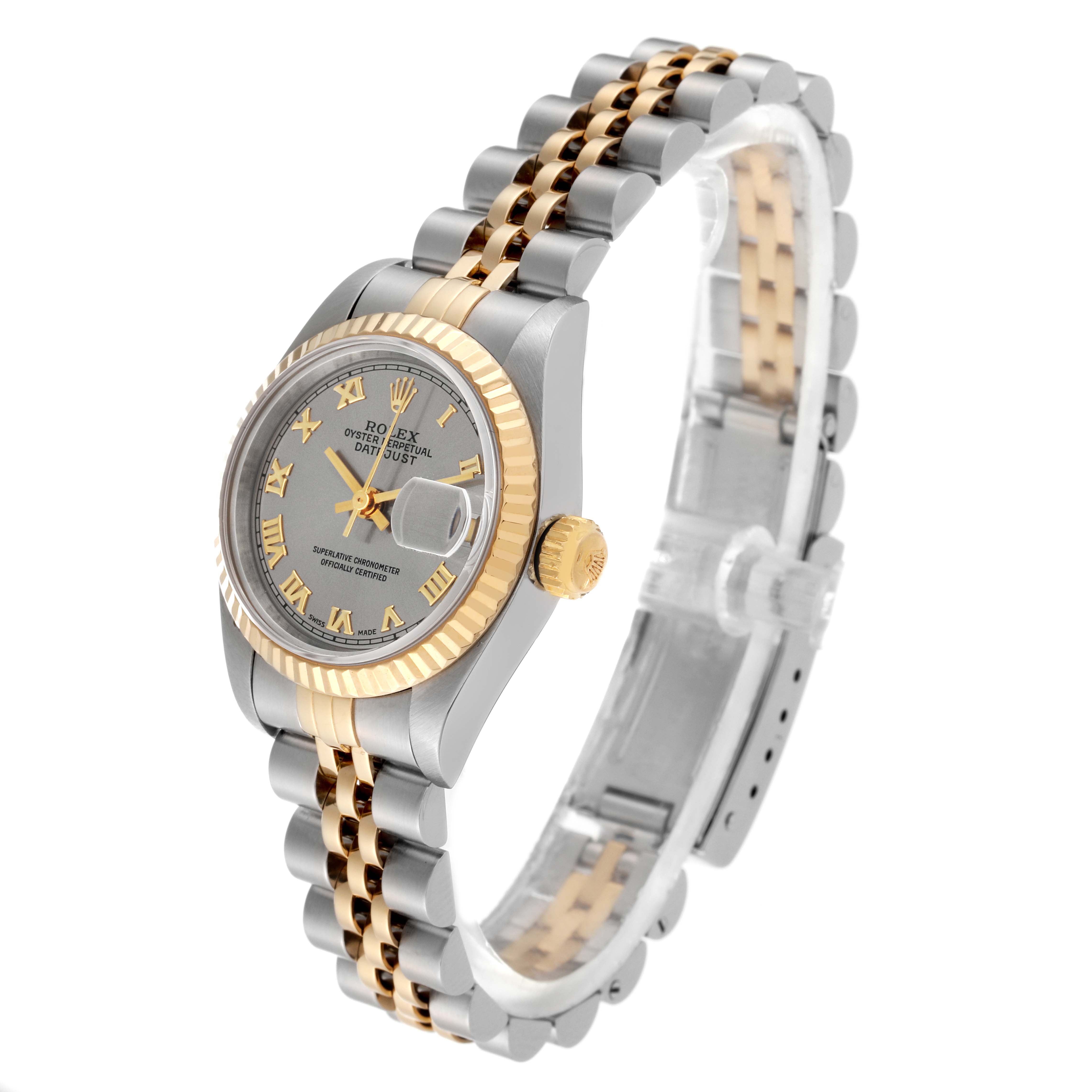 The Rolex Datejust 69173 Women's Steel and Gold (two tone) Grey Dial 69173 Women's Steel and Gold (two tone) Grey Dial watch is shown at a three-quarter angle, displaying its dial, bezel, crown, and two-tone link bracelet.