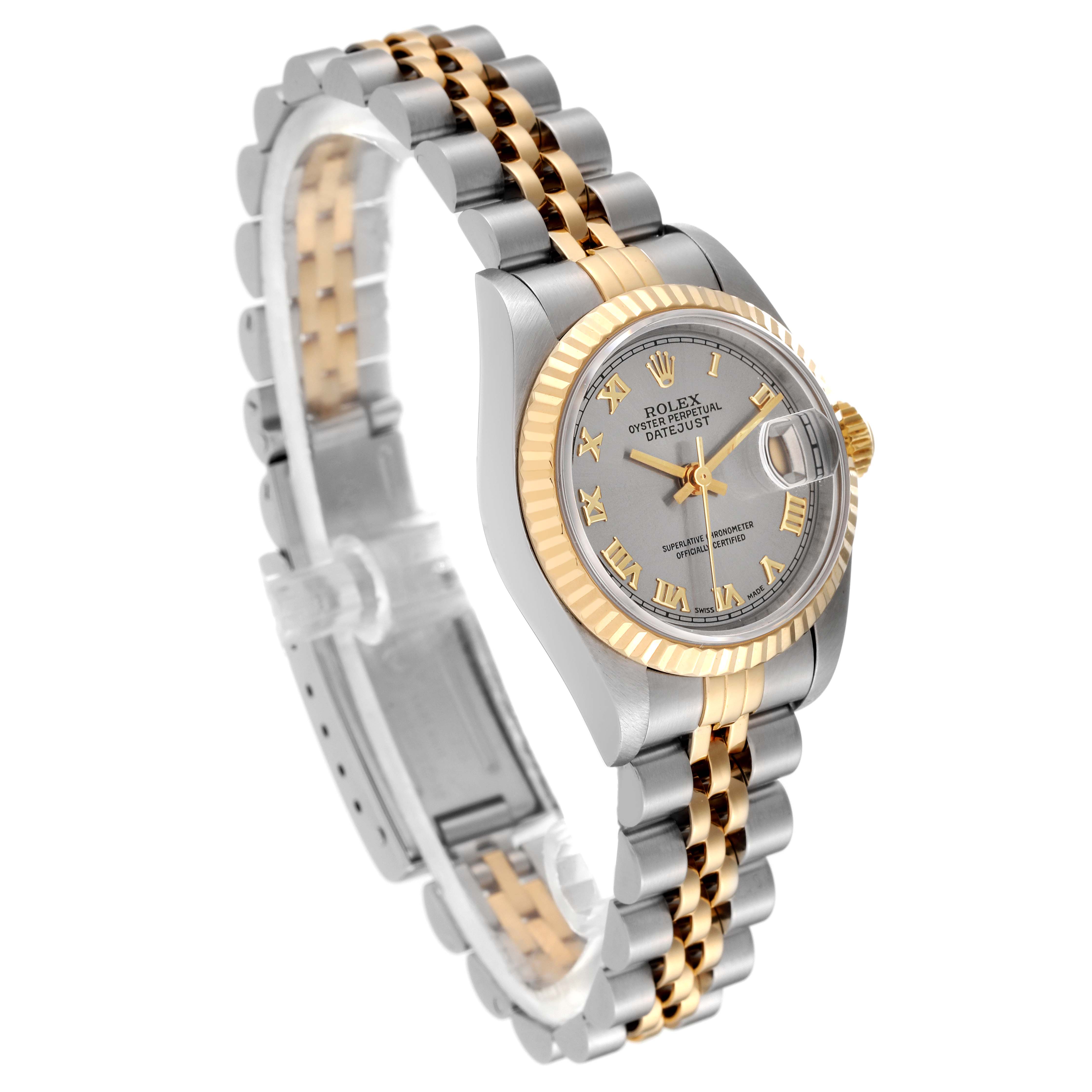 The image shows a Rolex Datejust 69173 Women's Steel and Gold (two tone) Grey Dial 69173 Women's Steel and Gold (two tone) Grey Dial watch at a three-quarter angle, highlighting its two-tone bracelet, bezel, and dial.