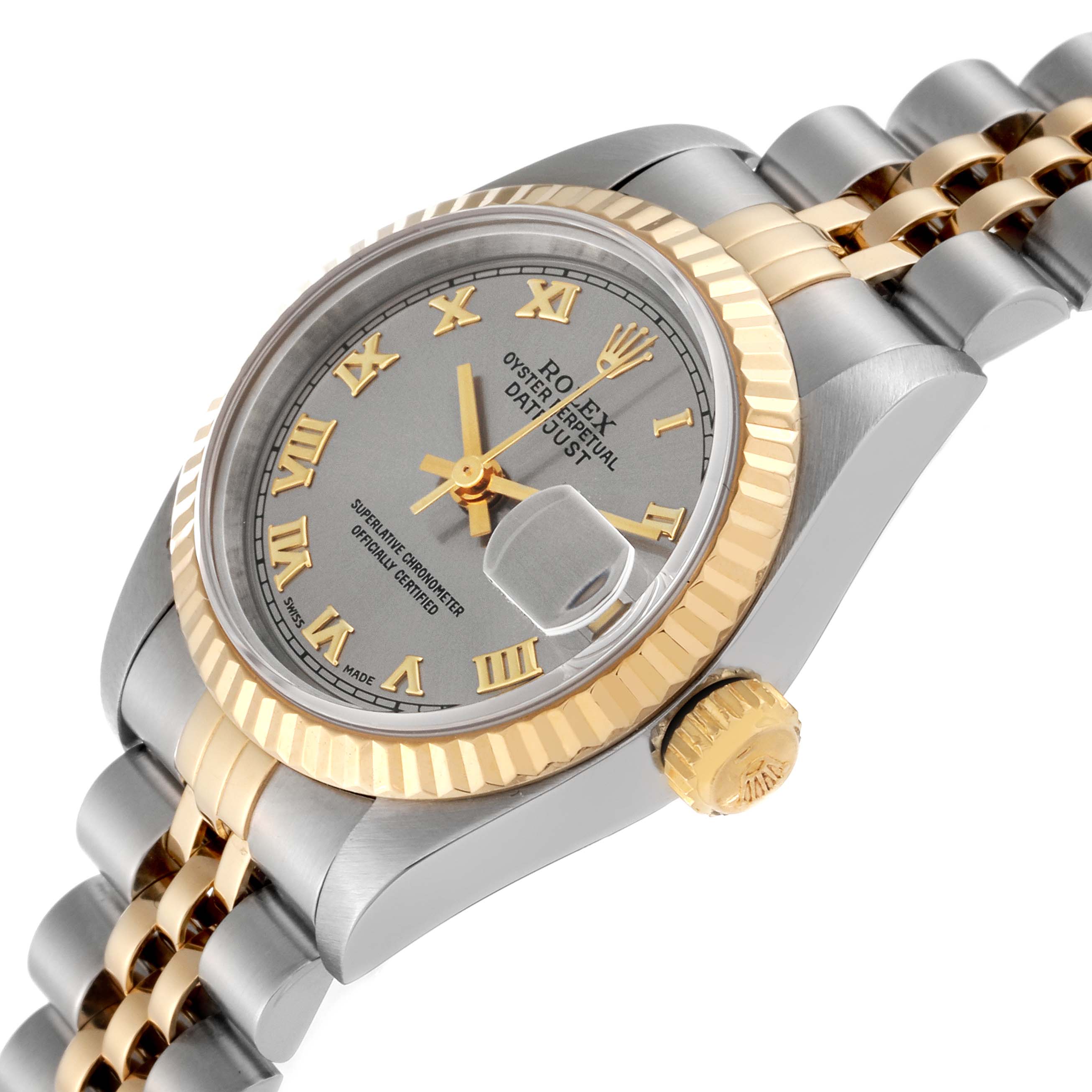 The image shows a Rolex Datejust 69173 Women's Steel and Gold (two tone) Grey Dial 69173 Women's Steel and Gold (two tone) Grey Dial watch at an angle, highlighting its gold bezel, crown, silver dial, and bracelet.