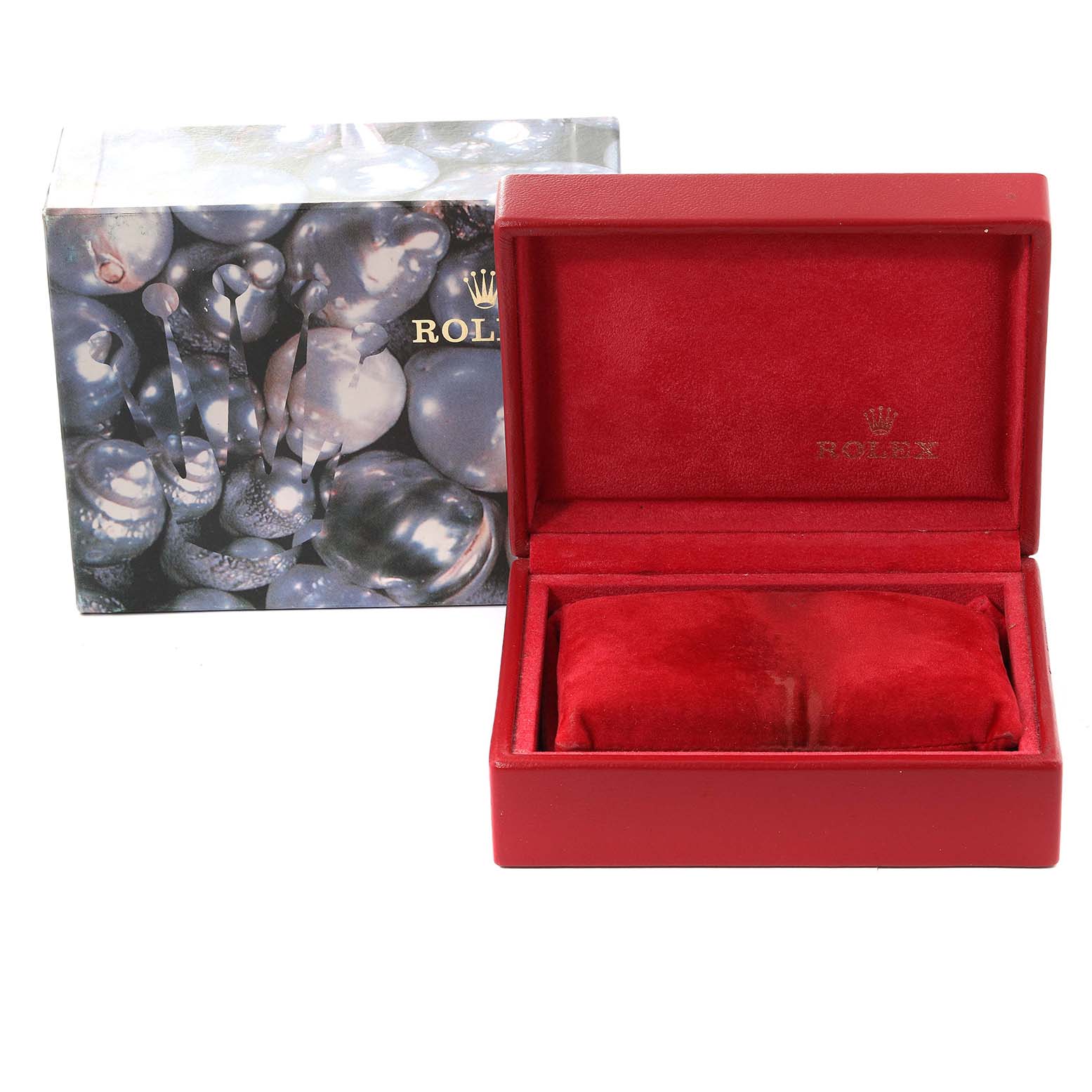 The image shows an open red Rolex watch box with a cushion and the outer decorative box, for the Datejust model.