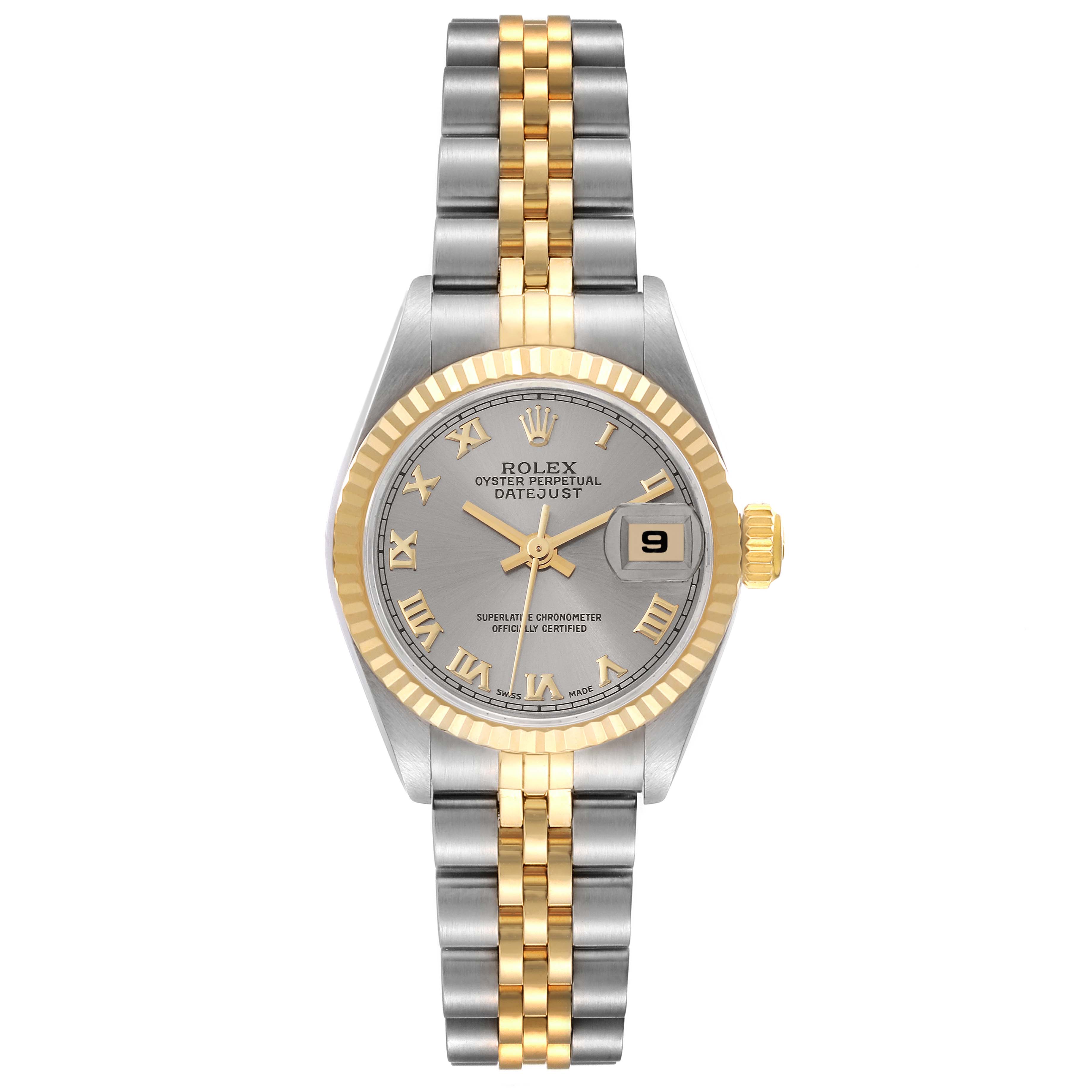 This image shows a frontal view of a Rolex Datejust 69173 Women's Steel and Gold (two tone) Grey Dial 69173 Women's Steel and Gold (two tone) Grey Dial watch, highlighting its two-tone bracelet, fluted bezel, and date window.