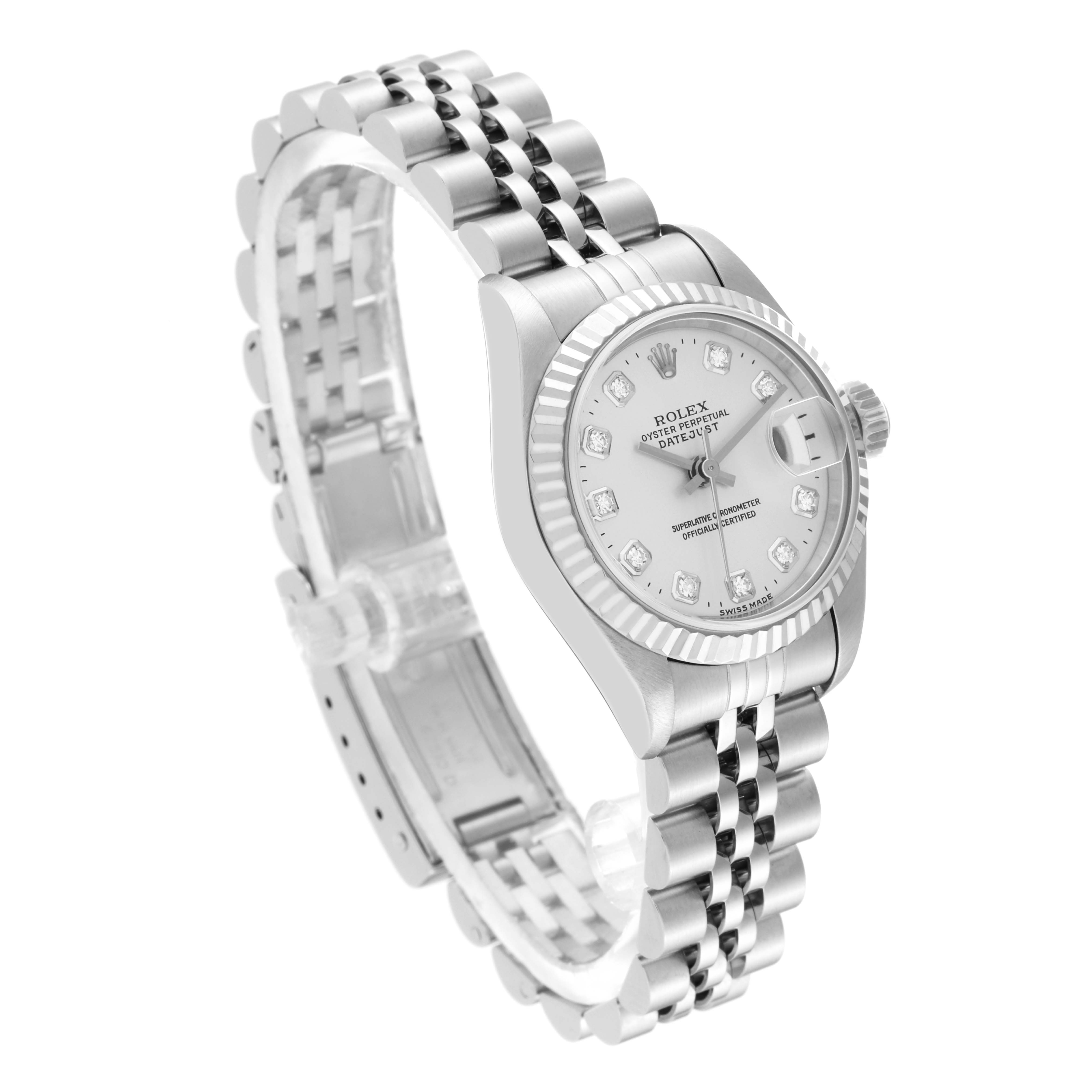 This image shows a Rolex Datejust 69174 Women's Stainless Steel Silver Dial 69174 Women's Stainless Steel Silver Dial watch from an angled side perspective, highlighting the dial, bezel, crown, and bracelet.