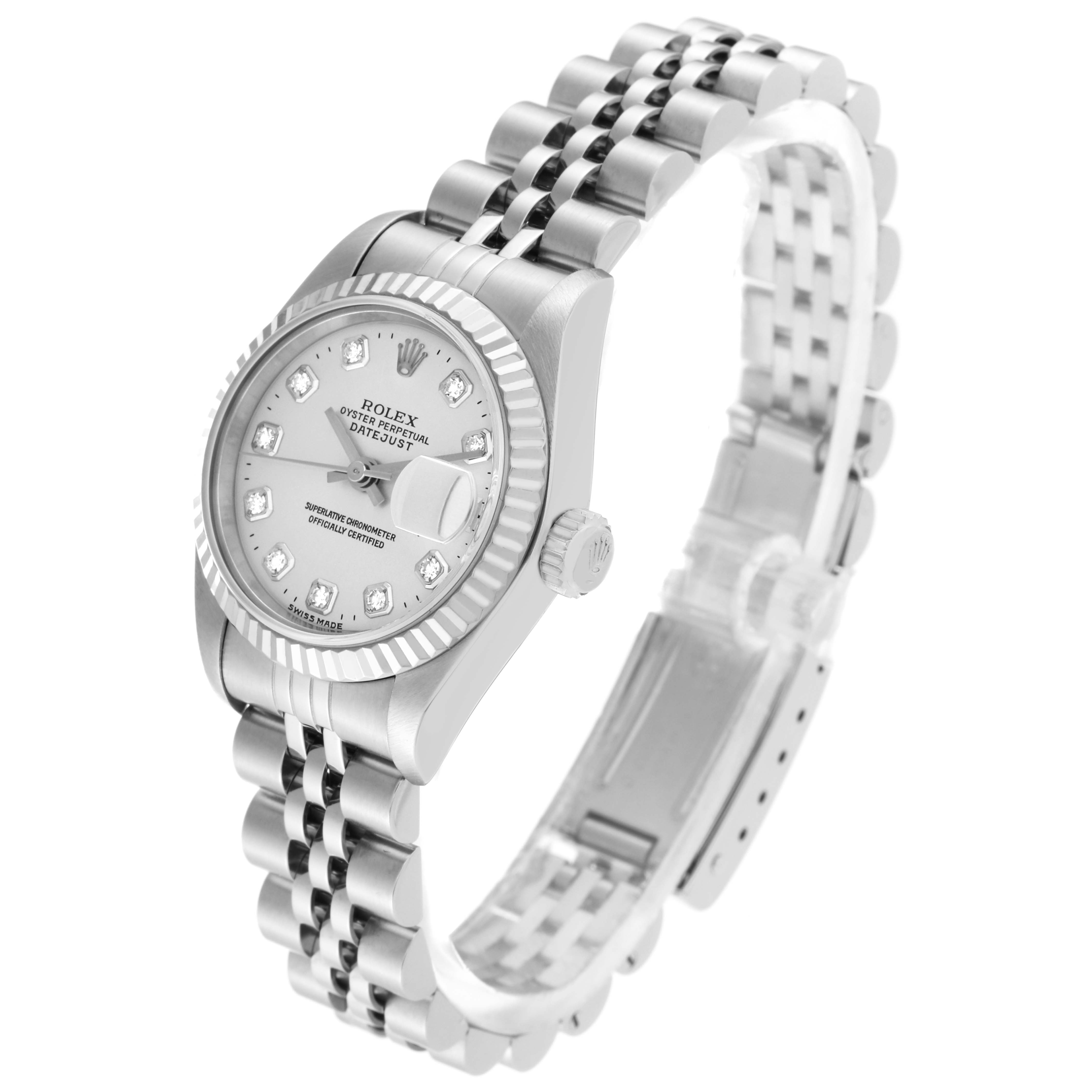 This image shows a Rolex Datejust 69174 Women's Stainless Steel Silver Dial 69174 Women's Stainless Steel Silver Dial watch angled from the front-right, highlighting its face, bezel, and bracelet.