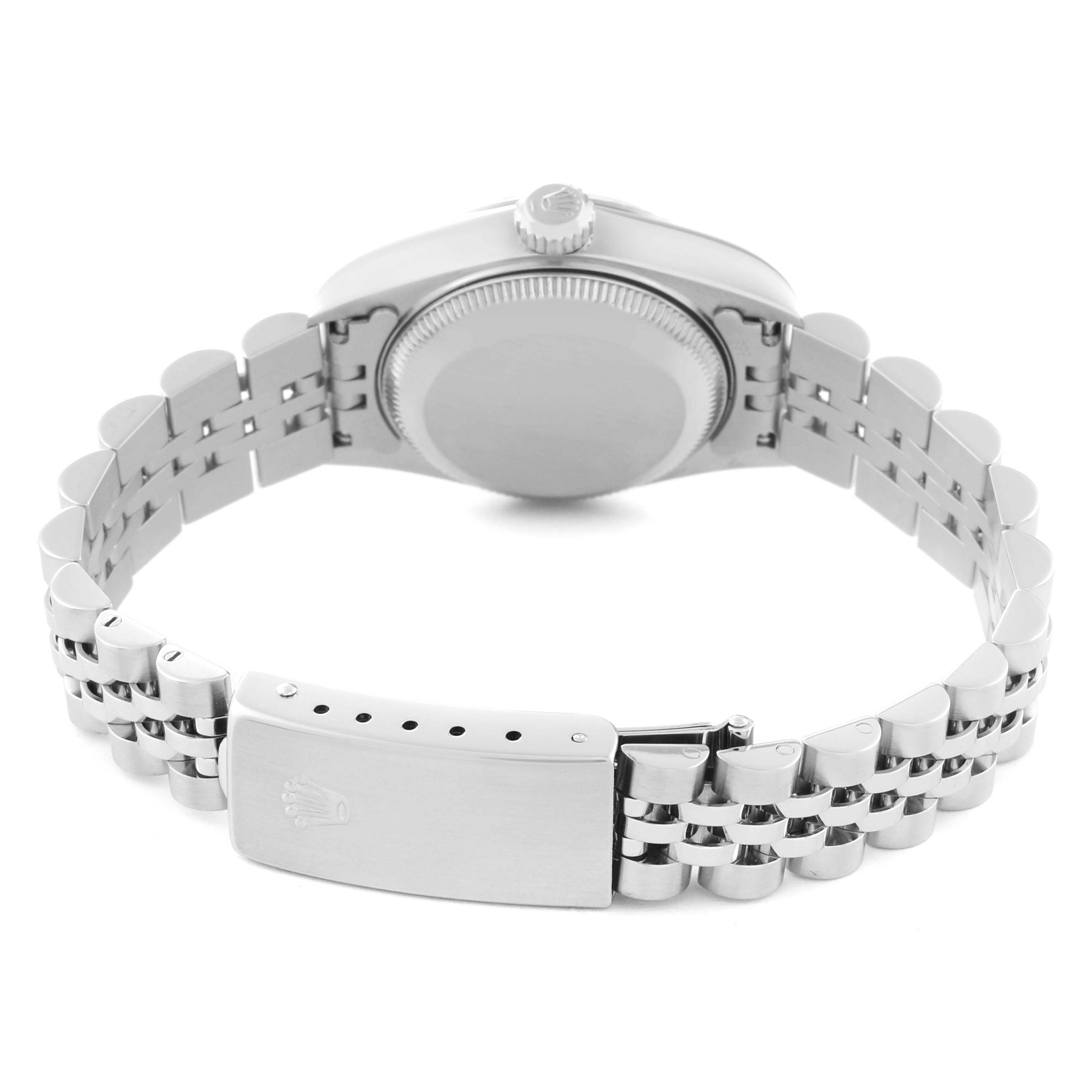 This image shows the back case and bracelet clasp of a Rolex Datejust 69174 Women's Stainless Steel Silver Dial 69174 Women's Stainless Steel Silver Dial watch from the rear angle.
