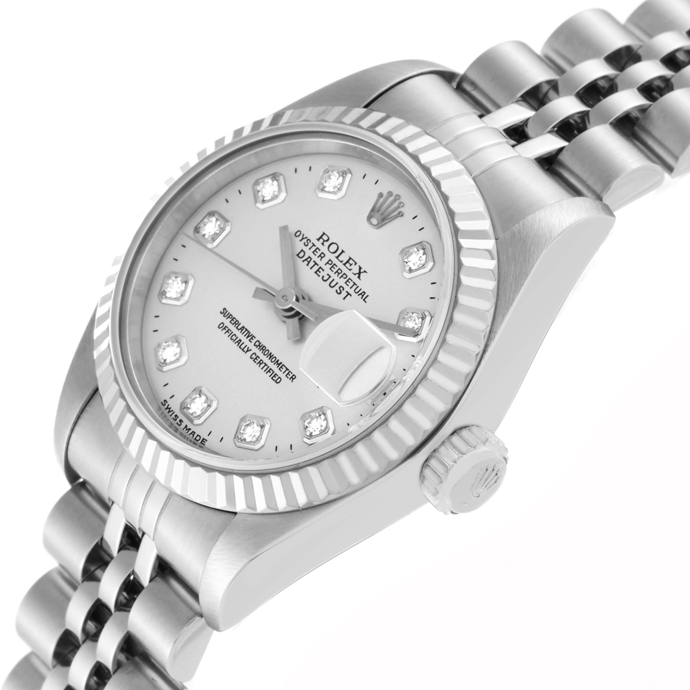 The image shows a Rolex Datejust 69174 Women's Stainless Steel Silver Dial 69174 Women's Stainless Steel Silver Dial watch at a slight side angle, highlighting the dial, crown, bezel, and part of the bracelet.