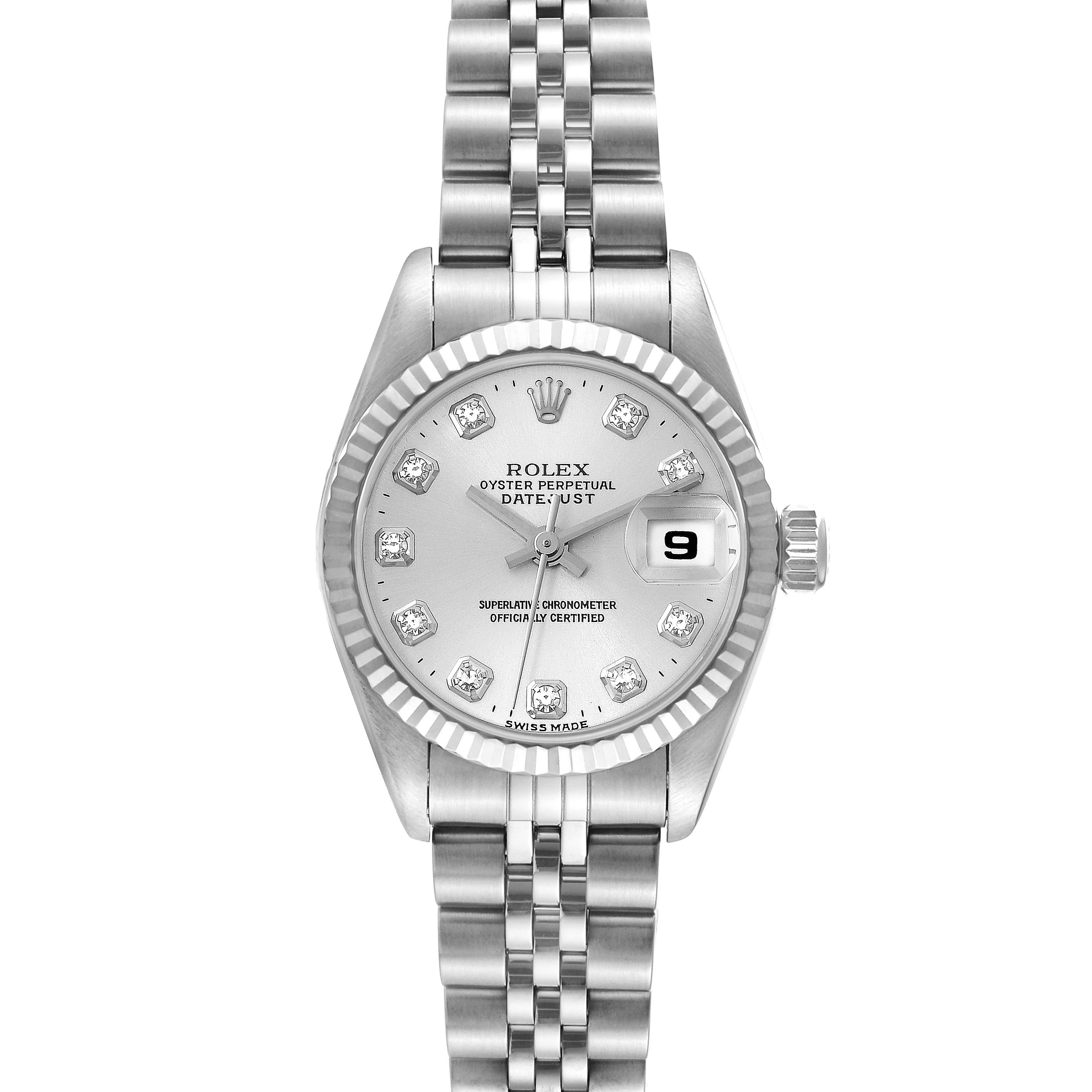 The image shows a front view of a Rolex Datejust 69174 Women's Stainless Steel Silver Dial 69174 Women's Stainless Steel Silver Dial watch, highlighting its dial, bezel, crown, and bracelet.