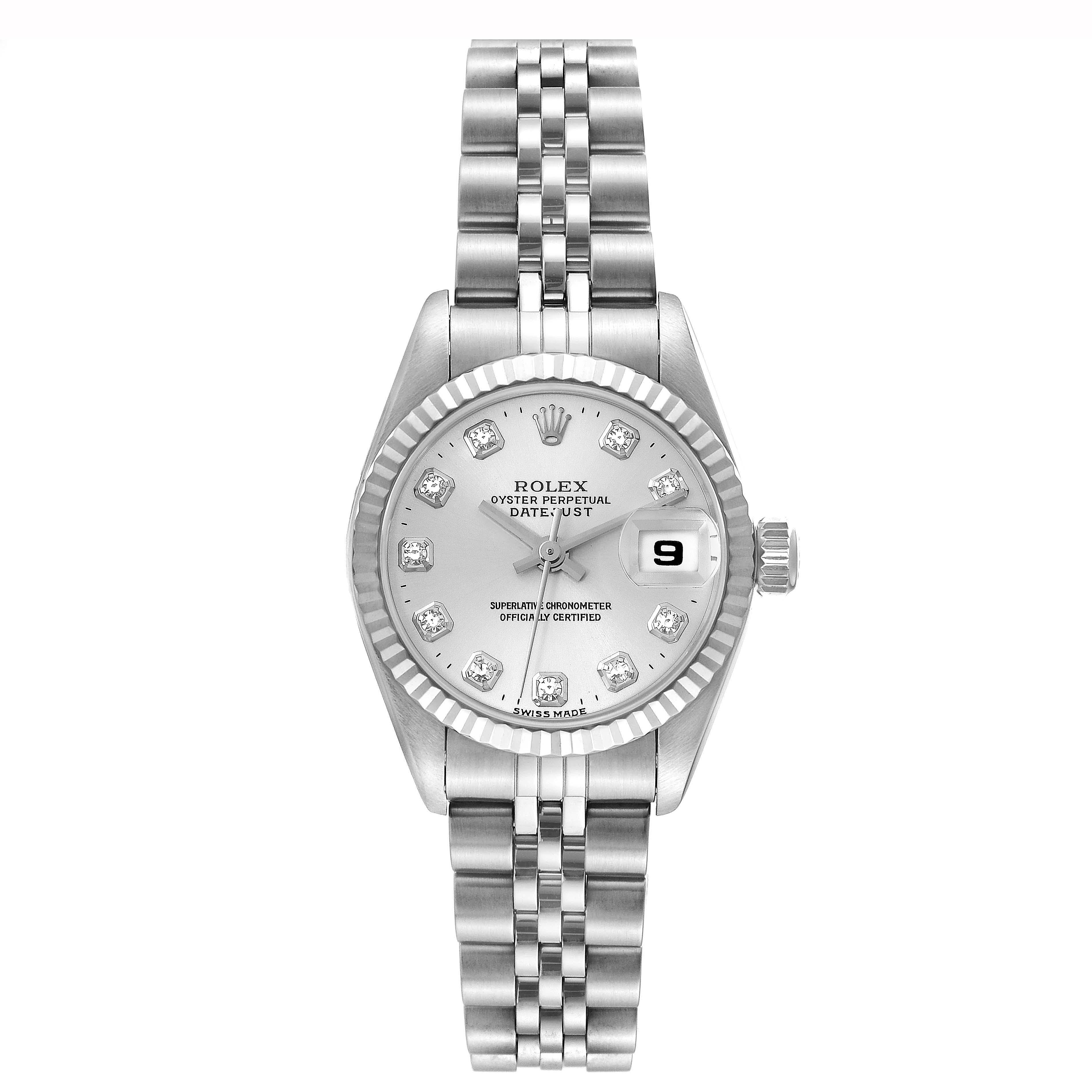 This image shows a front view of a Rolex Datejust 69174 Women's Stainless Steel Silver Dial 69174 Women's Stainless Steel Silver Dial watch, displaying its face, bezel, and bracelet.