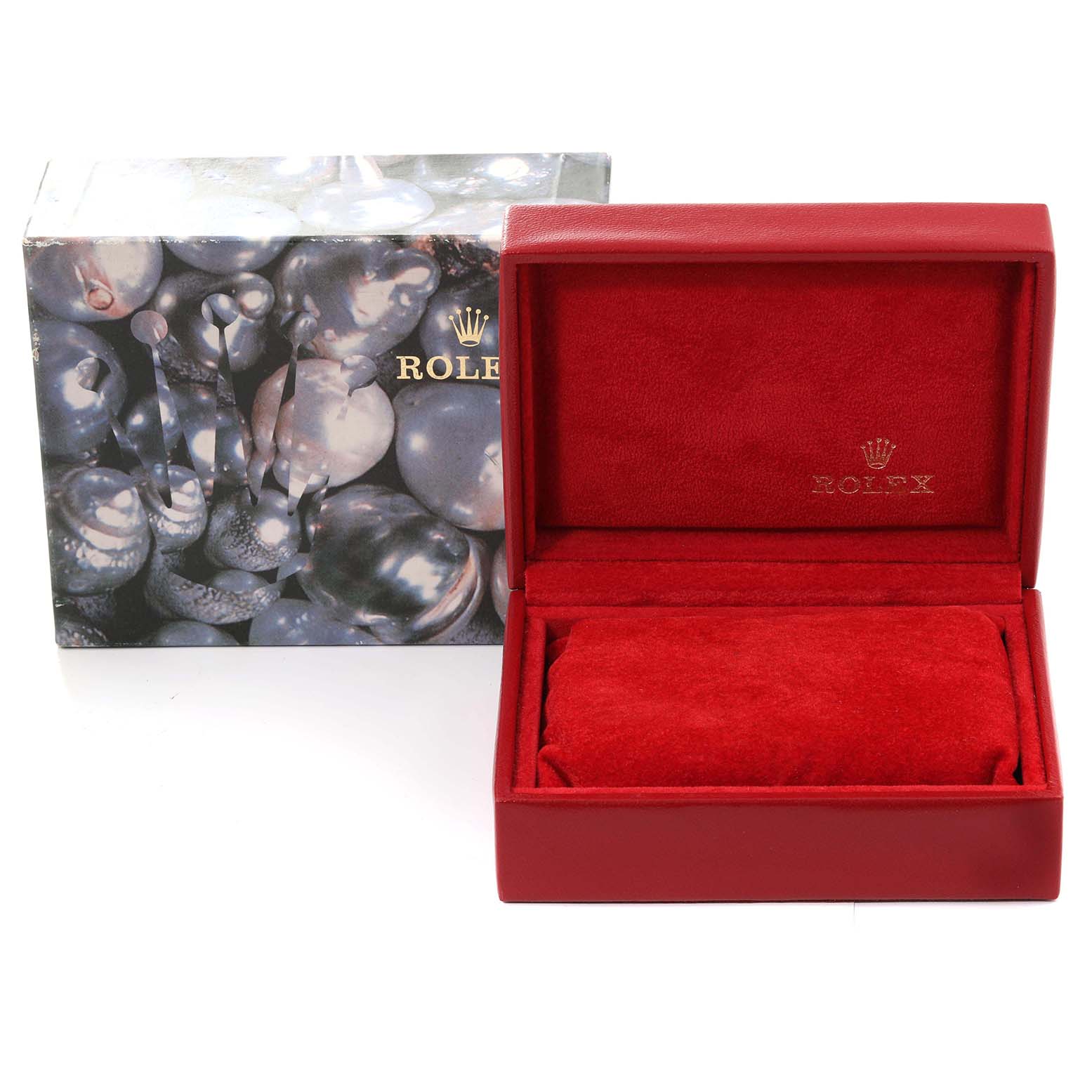 The image shows an open Rolex Datejust 69174 Women's Stainless Steel Silver Dial 69174 Women's Stainless Steel Silver Dial watch box with a red interior and the outer packaging beside it.