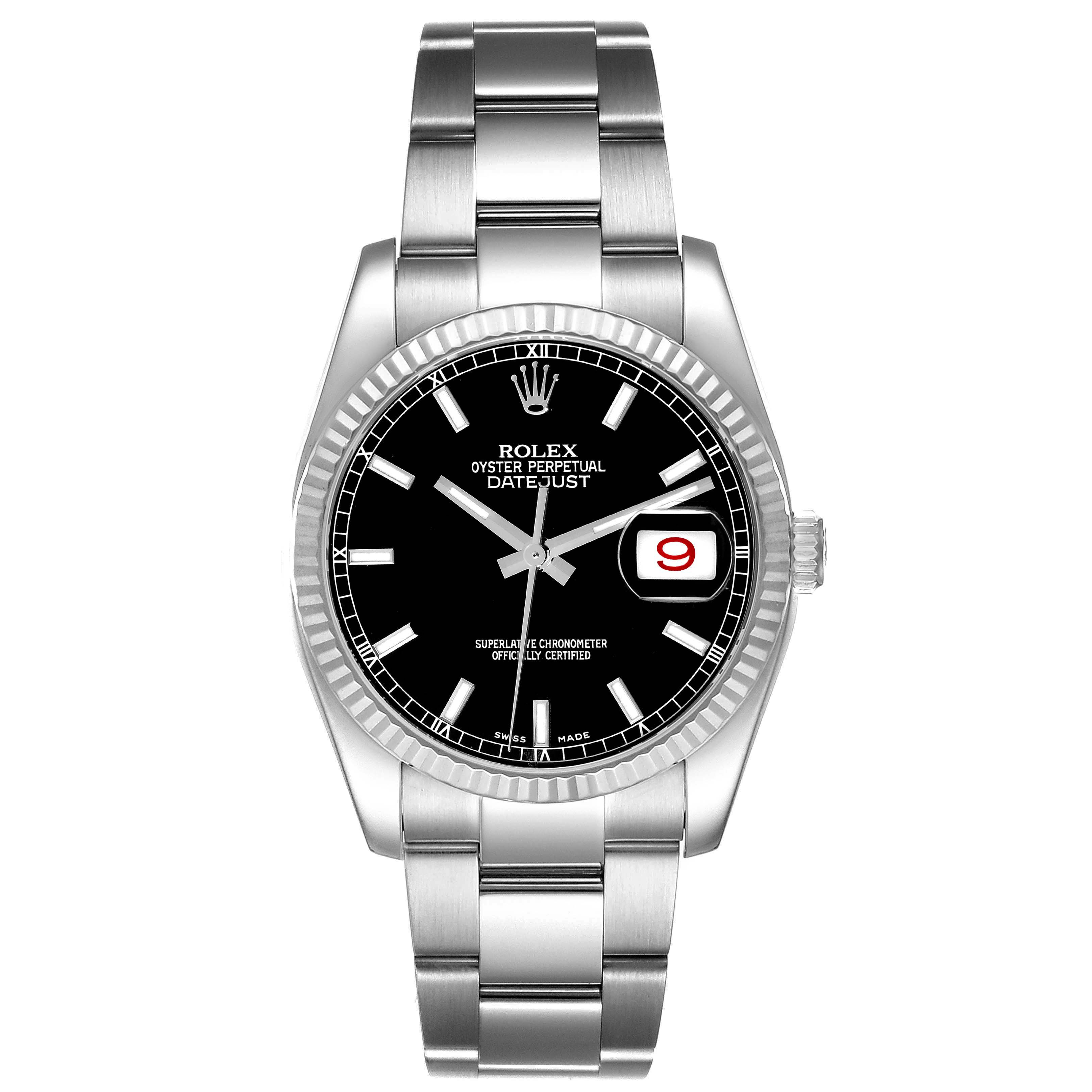 This is a head-on view of a Rolex Datejust 116234 Men's Stainless Steel Black Dial 116234 Men's Stainless Steel Black Dial watch showing the dial, hands, bezel, crown, and bracelet.