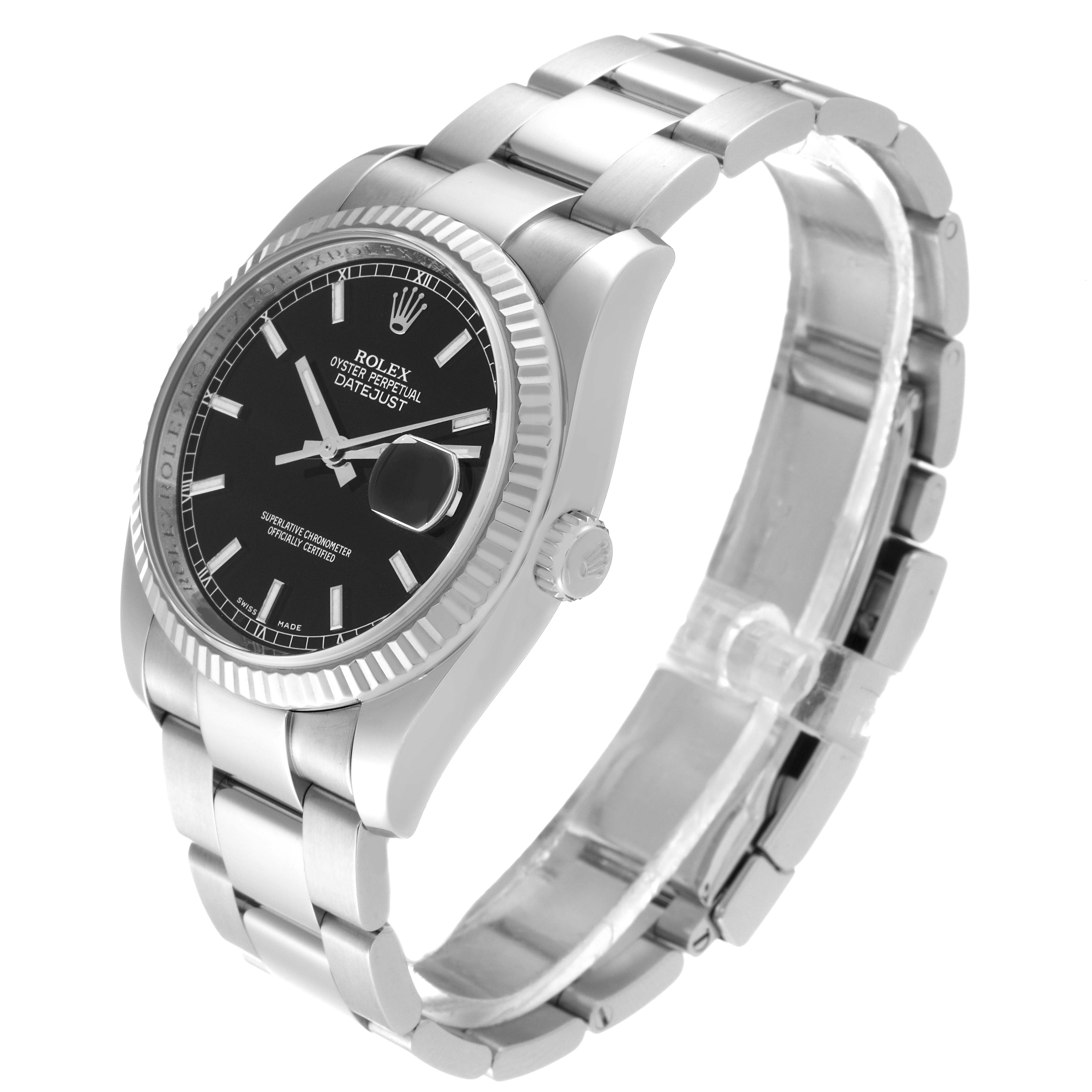 The Rolex Datejust 116234 Men's Stainless Steel Black Dial 116234 Men's Stainless Steel Black Dial watch is shown at an oblique angle, highlighting the face, bezel, bracelet, and crown.