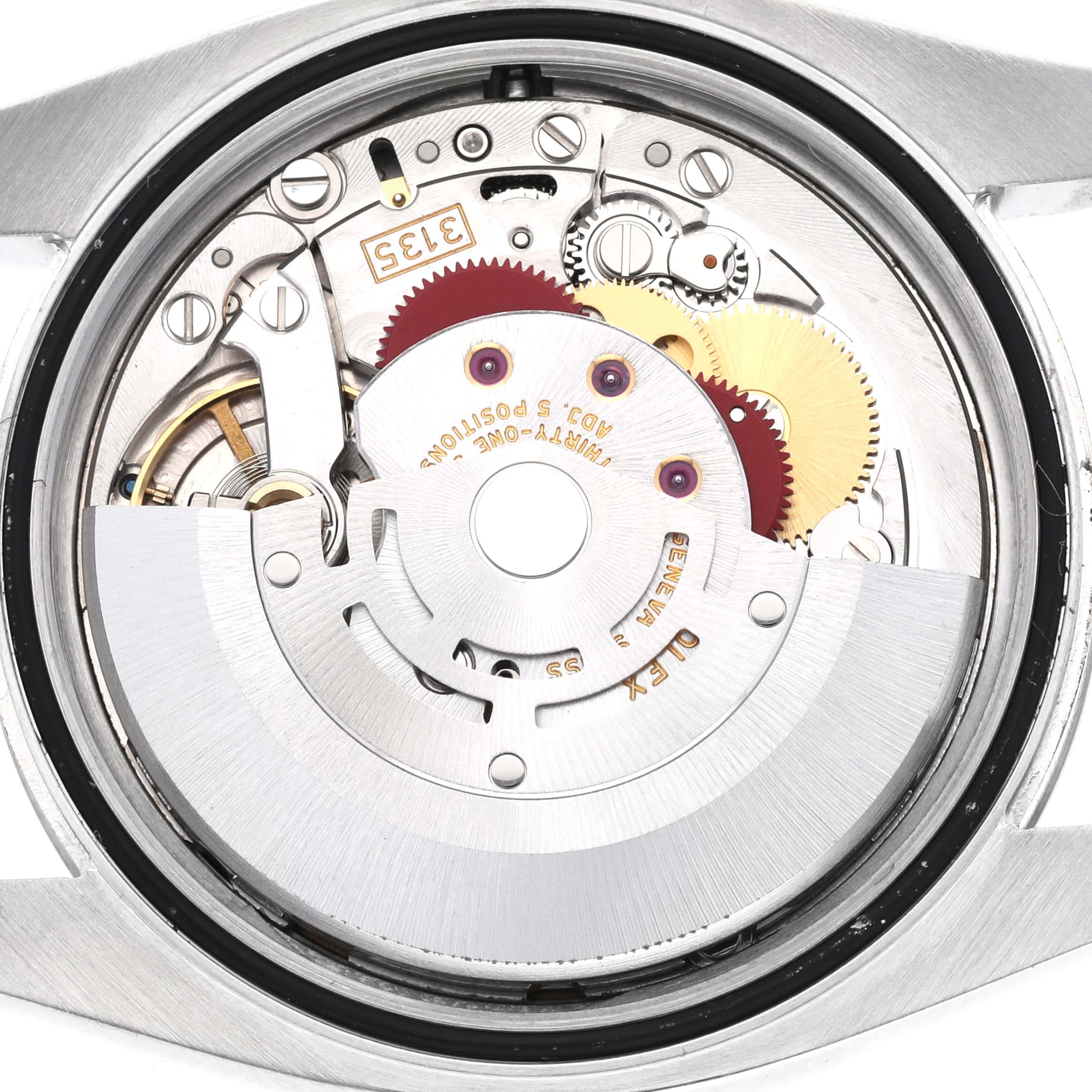 This image shows the internal mechanical movement parts of a Rolex Datejust 116234 Men's Stainless Steel Black Dial 116234 Men's Stainless Steel Black Dial watch, viewed from the back case.