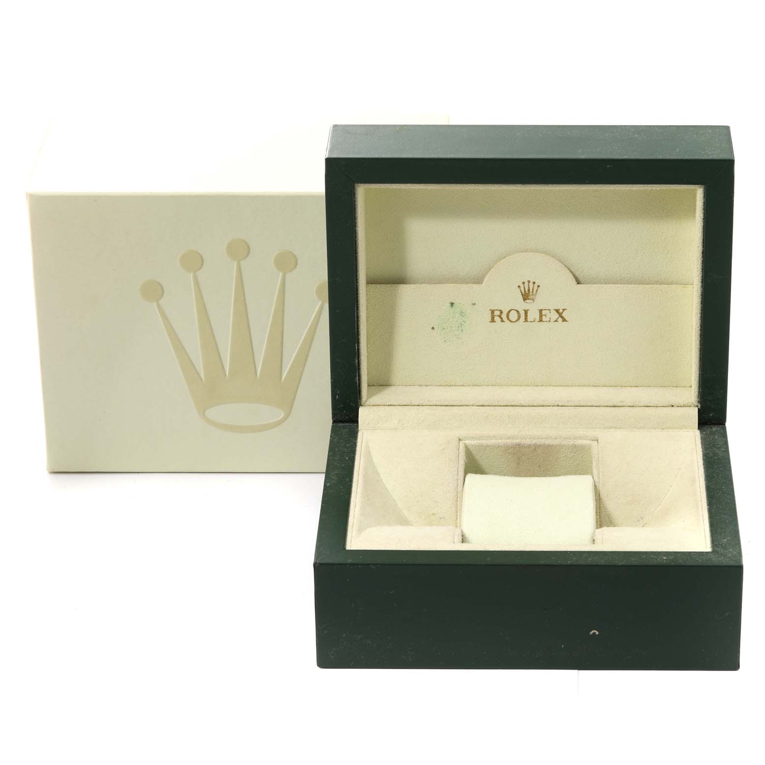 This image shows an open green and beige Rolex Datejust 116234 Men's Stainless Steel Black Dial 116234 Men's Stainless Steel Black Dial watch box with the interior cushion and the outer box in the background.