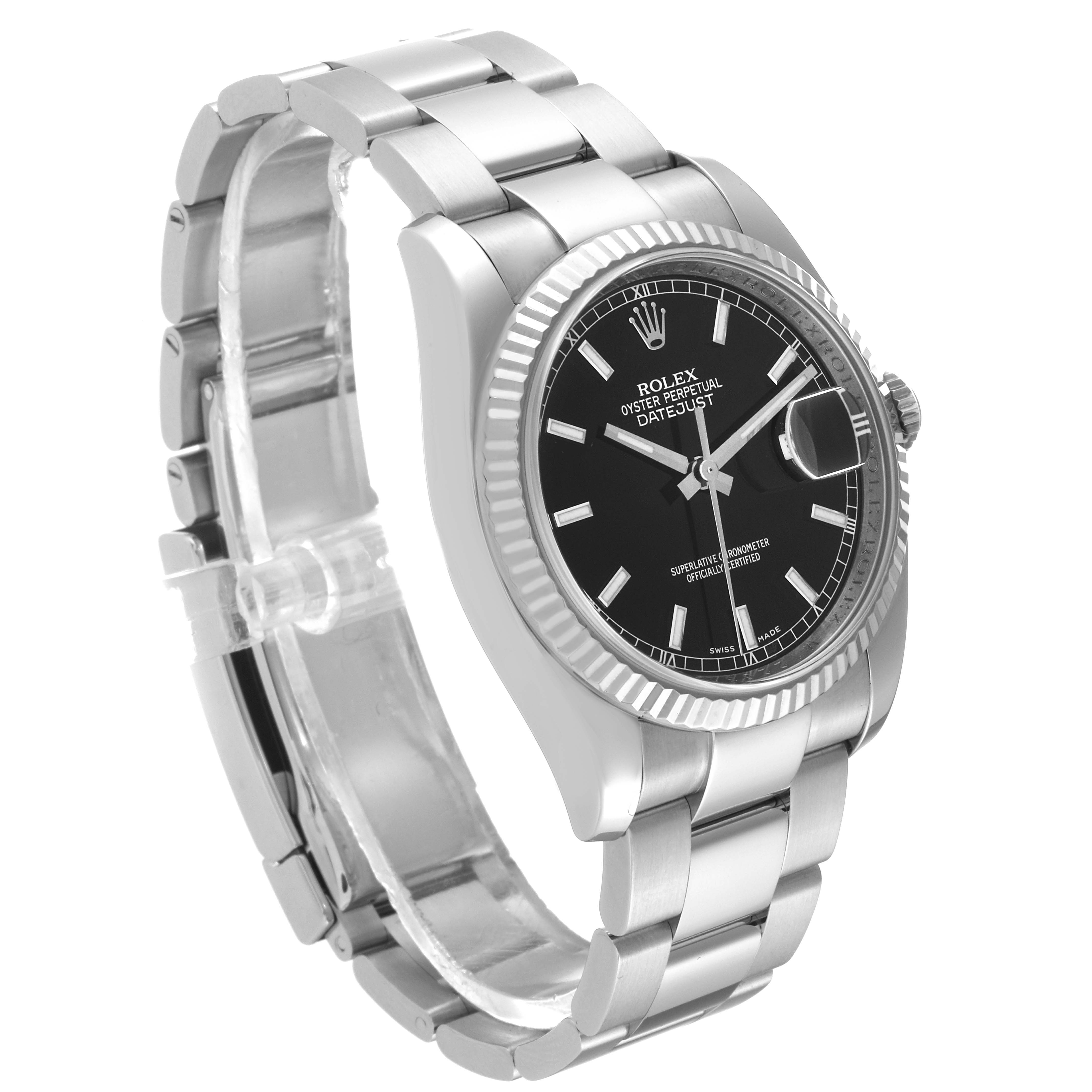 This Rolex Datejust 116234 Men's Stainless Steel Black Dial 116234 Men's Stainless Steel Black Dial watch is shown at an angled view, highlighting its black dial, fluted bezel, and stainless steel bracelet.