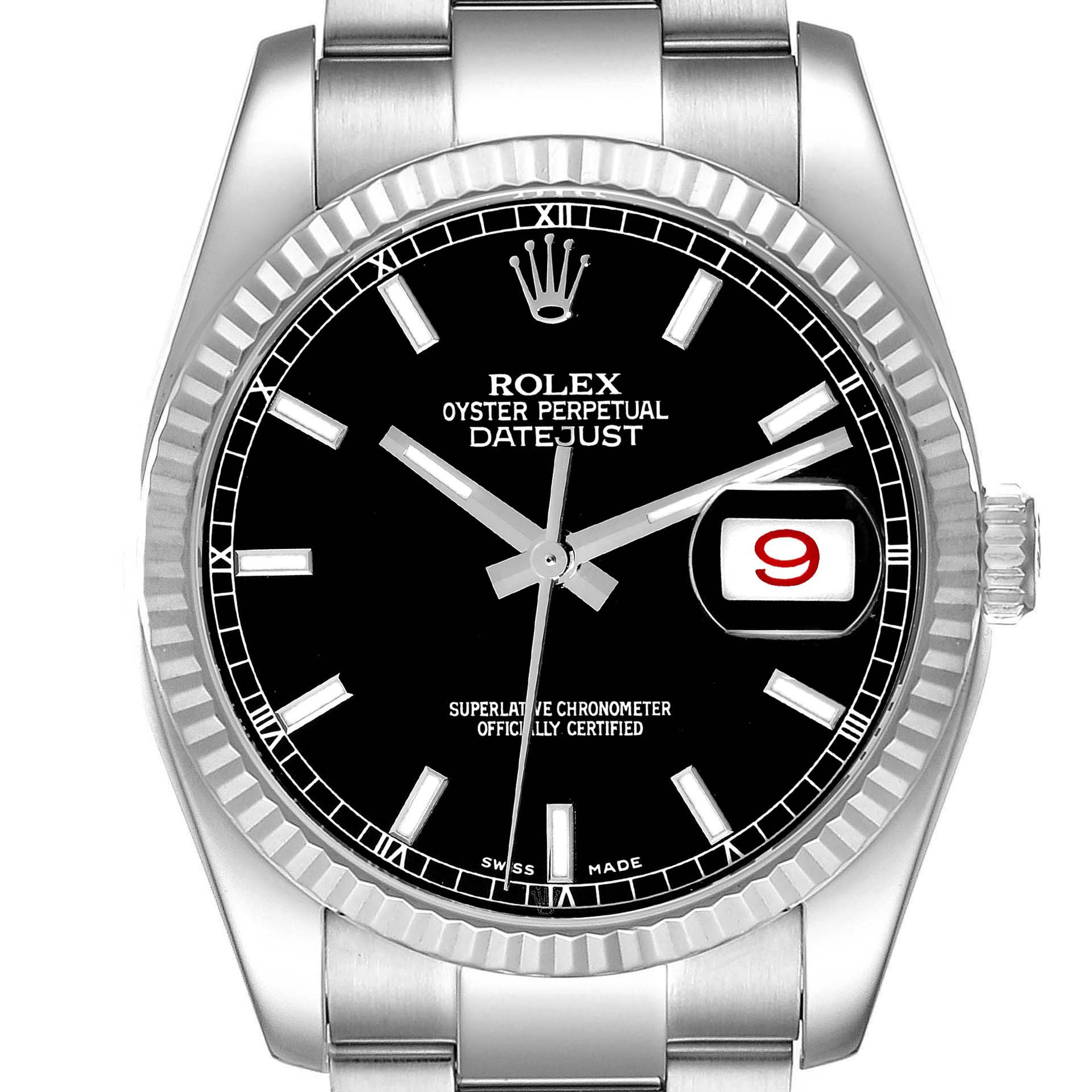 This image shows a close-up of the Rolex Datejust 116234 Men's Stainless Steel Black Dial 116234 Men's Stainless Steel Black Dial watch's dial, bezel, and part of the bracelet.