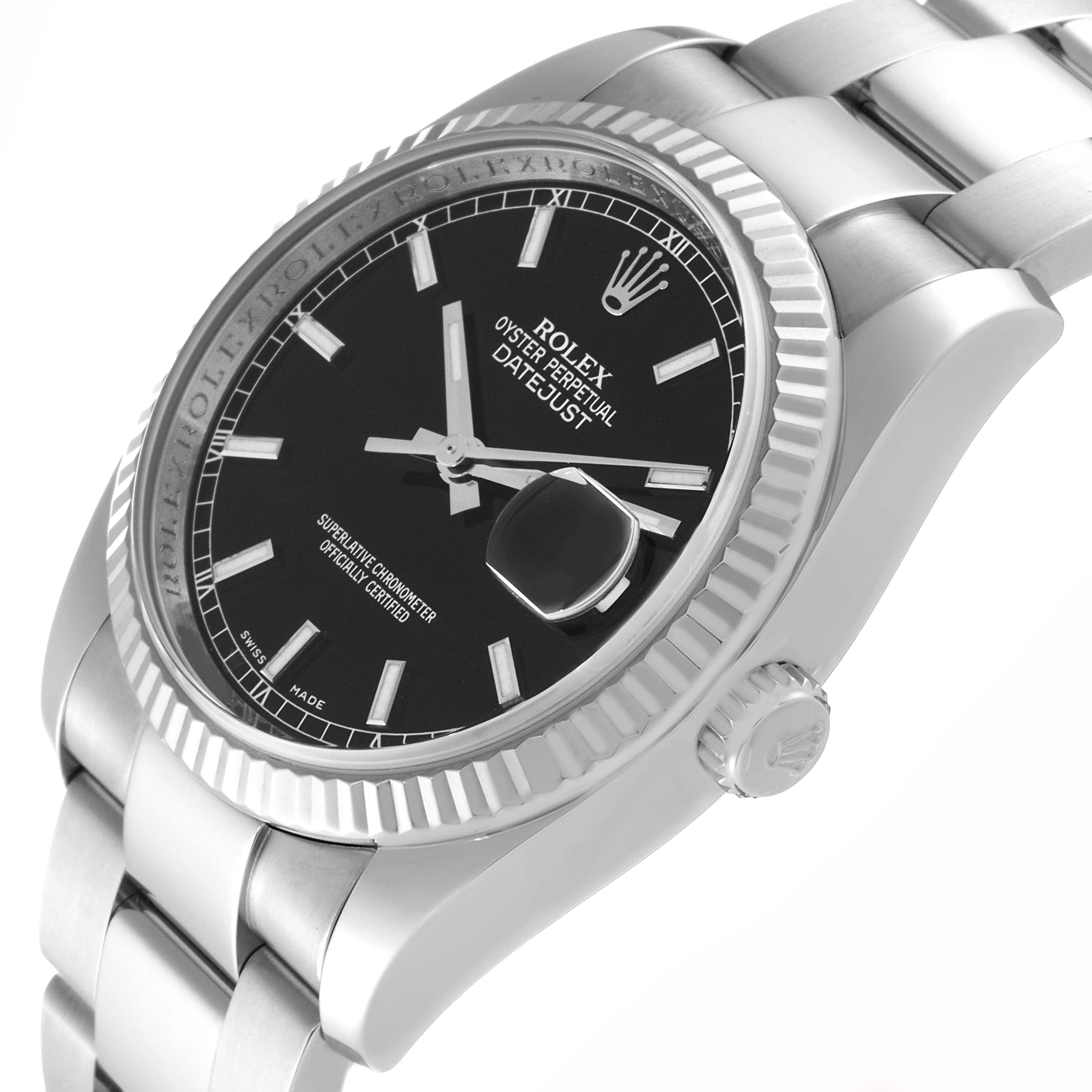 The image shows a Rolex Datejust 116234 Men's Stainless Steel Black Dial 116234 Men's Stainless Steel Black Dial model watch from an angled side view, highlighting the crown, bezel, and bracelet.