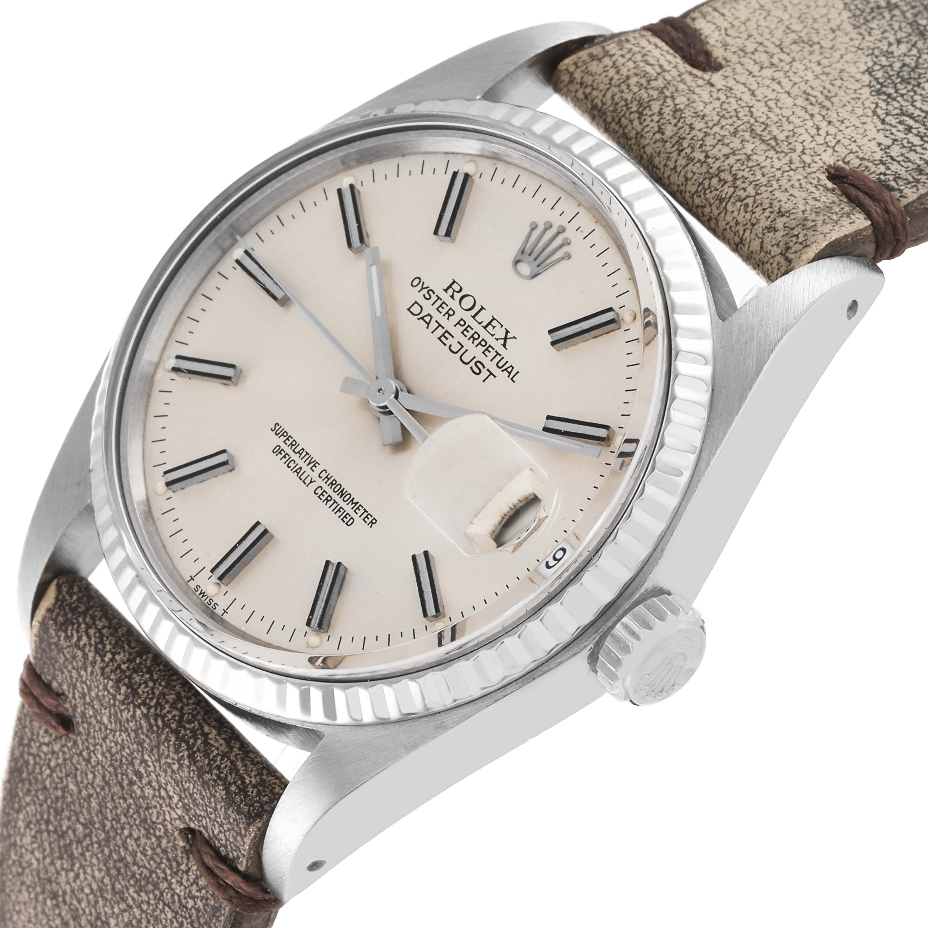 This Rolex Vintage Collection 16014 Men's Stainless Steel Silver Dial 16014 Men's Stainless Steel Silver Dial Oyster Perpetual Datejust watch is shown at a slight angle, focusing on the dial, case, and leather strap.