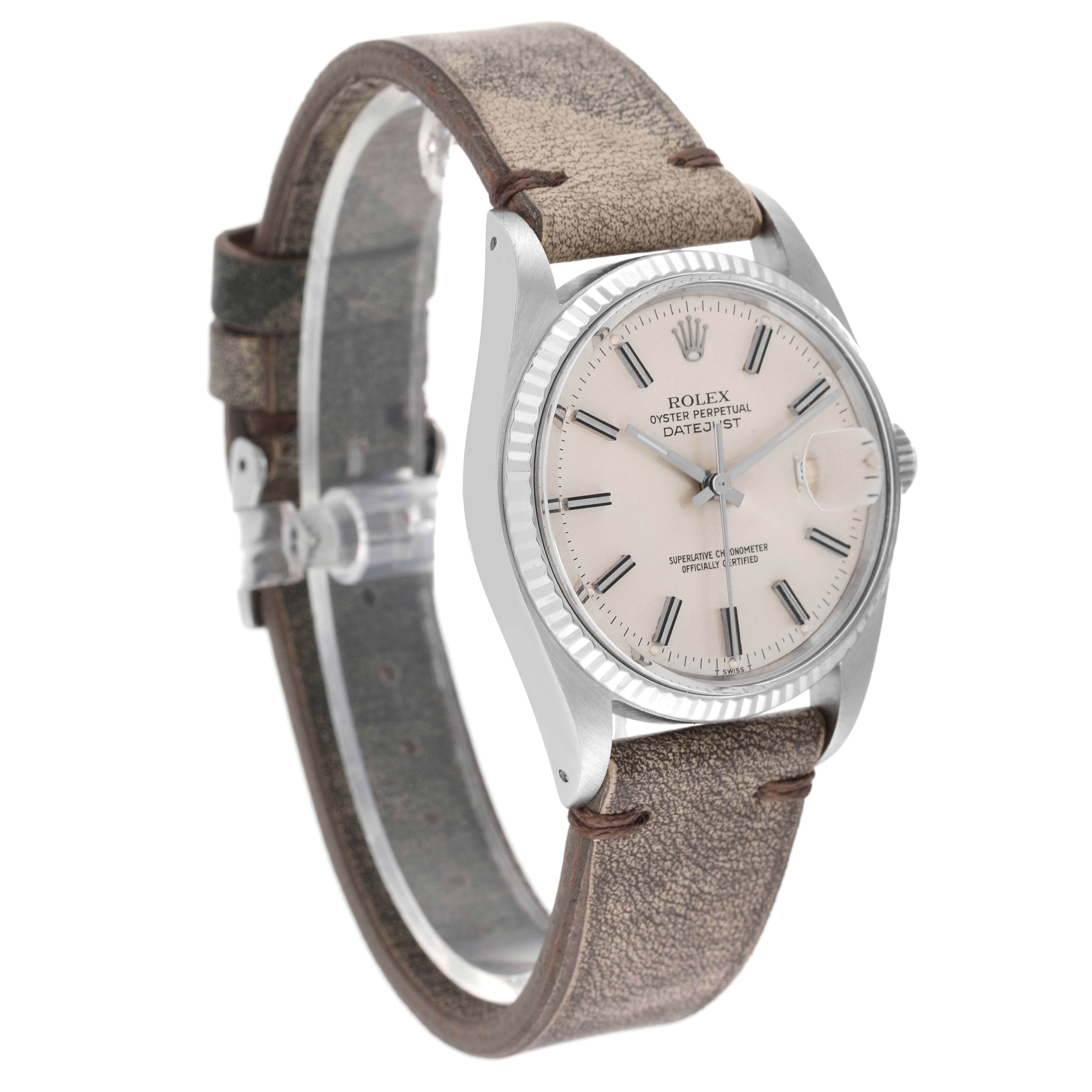The Rolex Vintage Collection 16014 Men's Stainless Steel Silver Dial 16014 Men's Stainless Steel Silver Dial model watch is shown at a three-quarter angle with a visible face, case, and leather strap.