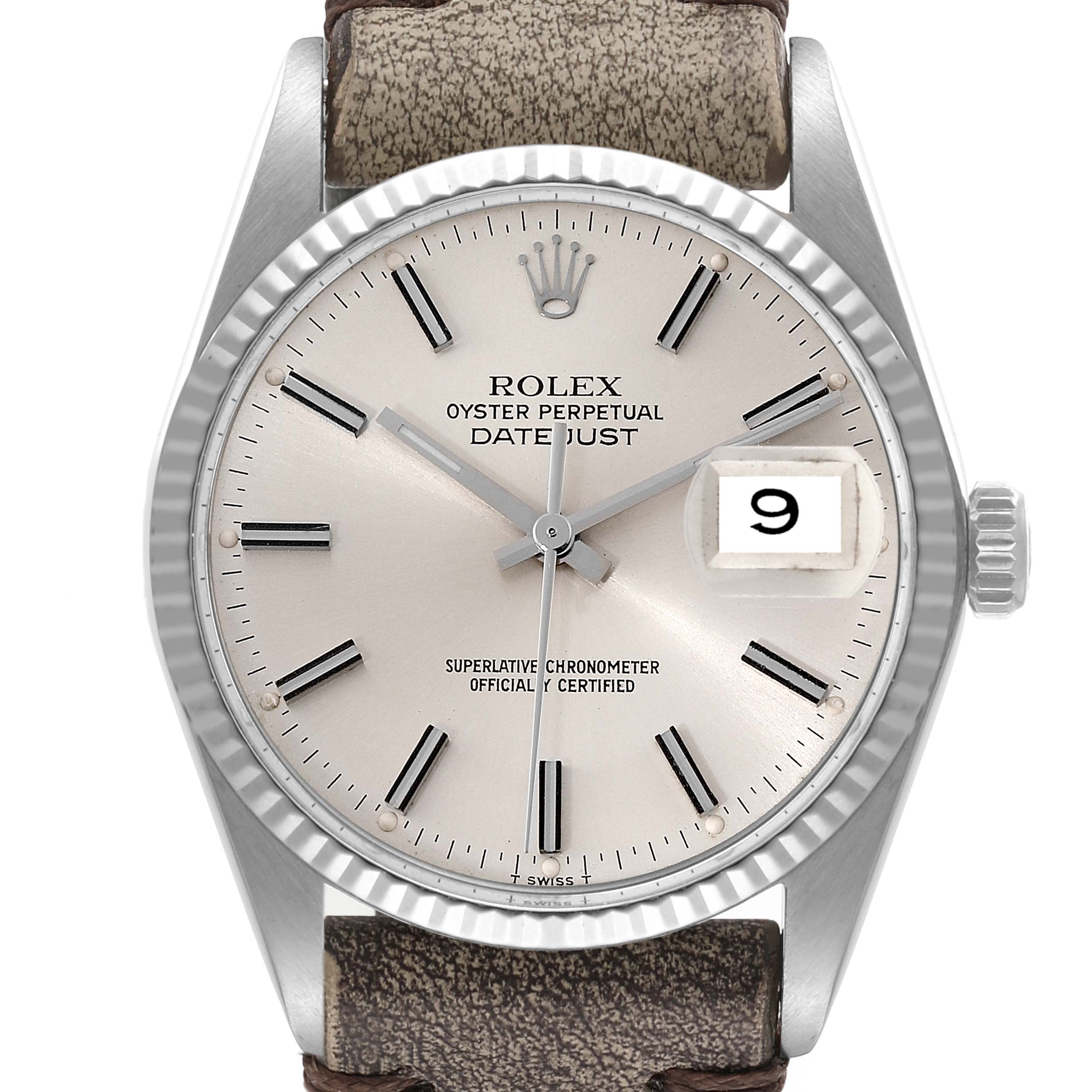 This image shows a frontal view of the Rolex Vintage Collection 16014 Men's Stainless Steel Silver Dial 16014 Men's Stainless Steel Silver Dial model watch, highlighting its face, bezel, and part of the strap.