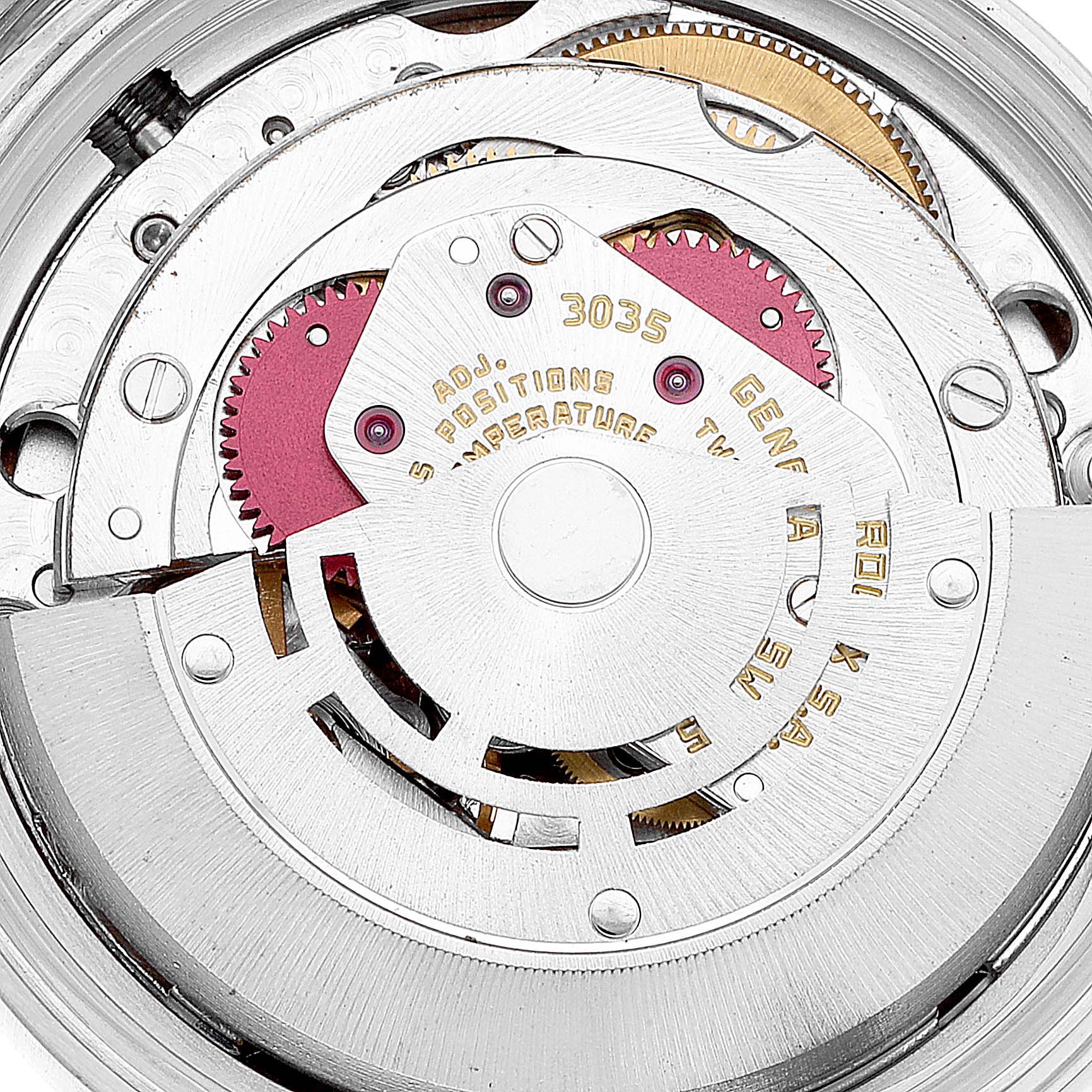 The image shows the intricate internal mechanics of the Rolex Vintage Collection 16014 Men's Stainless Steel Silver Dial 16014 Men's Stainless Steel Silver Dial model, viewed from a close-up angle.