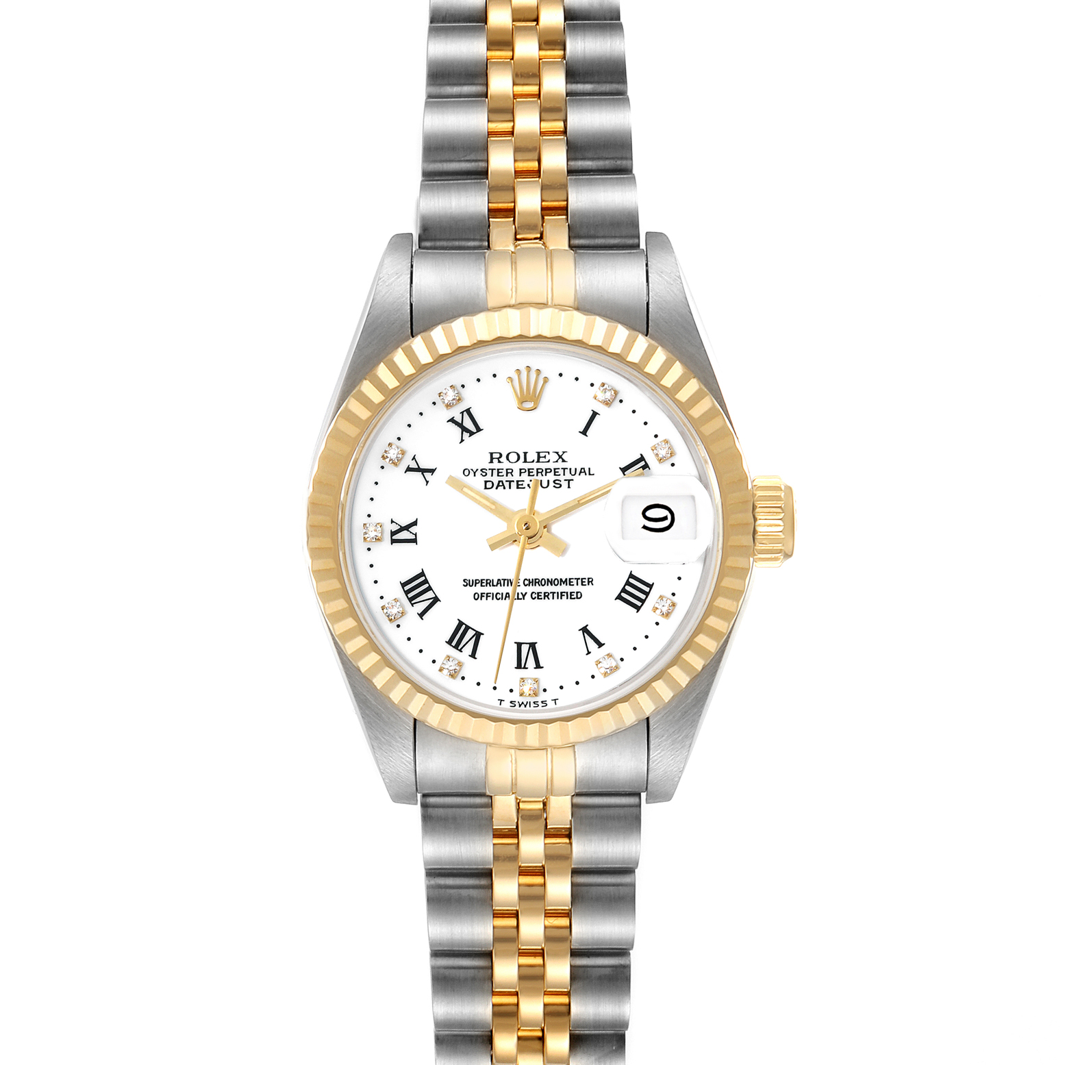 This image shows a front view of a Rolex Datejust 69173G Women's Steel and Gold (two tone) White Dial 69173G Women's Steel and Gold (two tone) White Dial watch, highlighting the dial, bezel, and two-tone bracelet.
