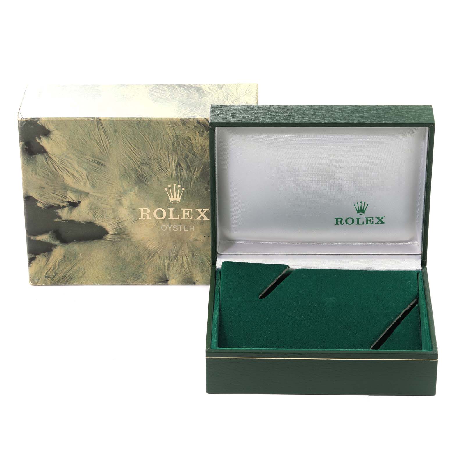 This image shows an empty green Rolex Datejust 69173G Women's Steel and Gold (two tone) White Dial 69173G Women's Steel and Gold (two tone) White Dial watch box and its corresponding external packaging at a straight-on angle.