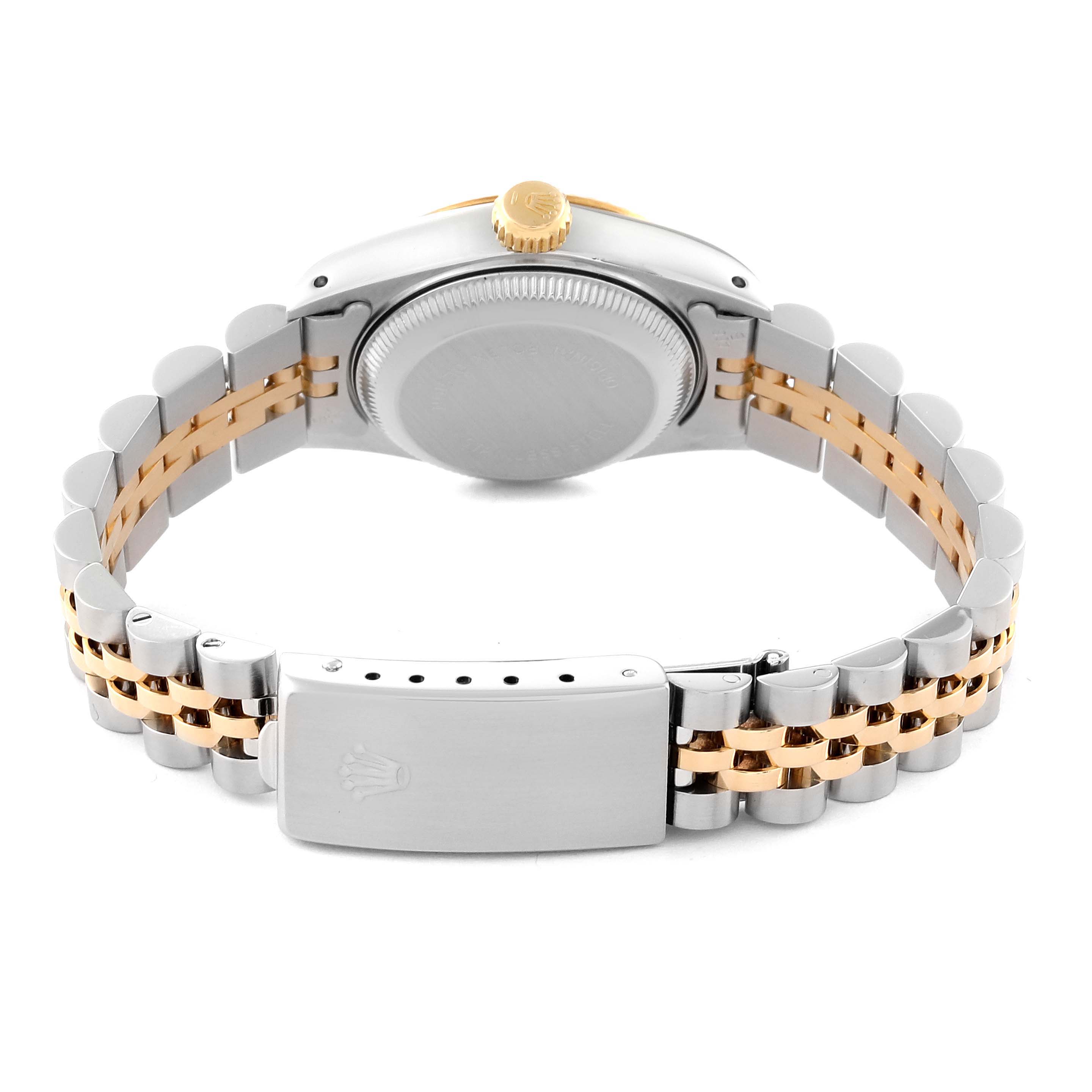 This image shows the back of a Rolex Datejust 69173G Women's Steel and Gold (two tone) White Dial 69173G Women's Steel and Gold (two tone) White Dial watch, highlighting the case back and the Jubilee bracelet with clasp.