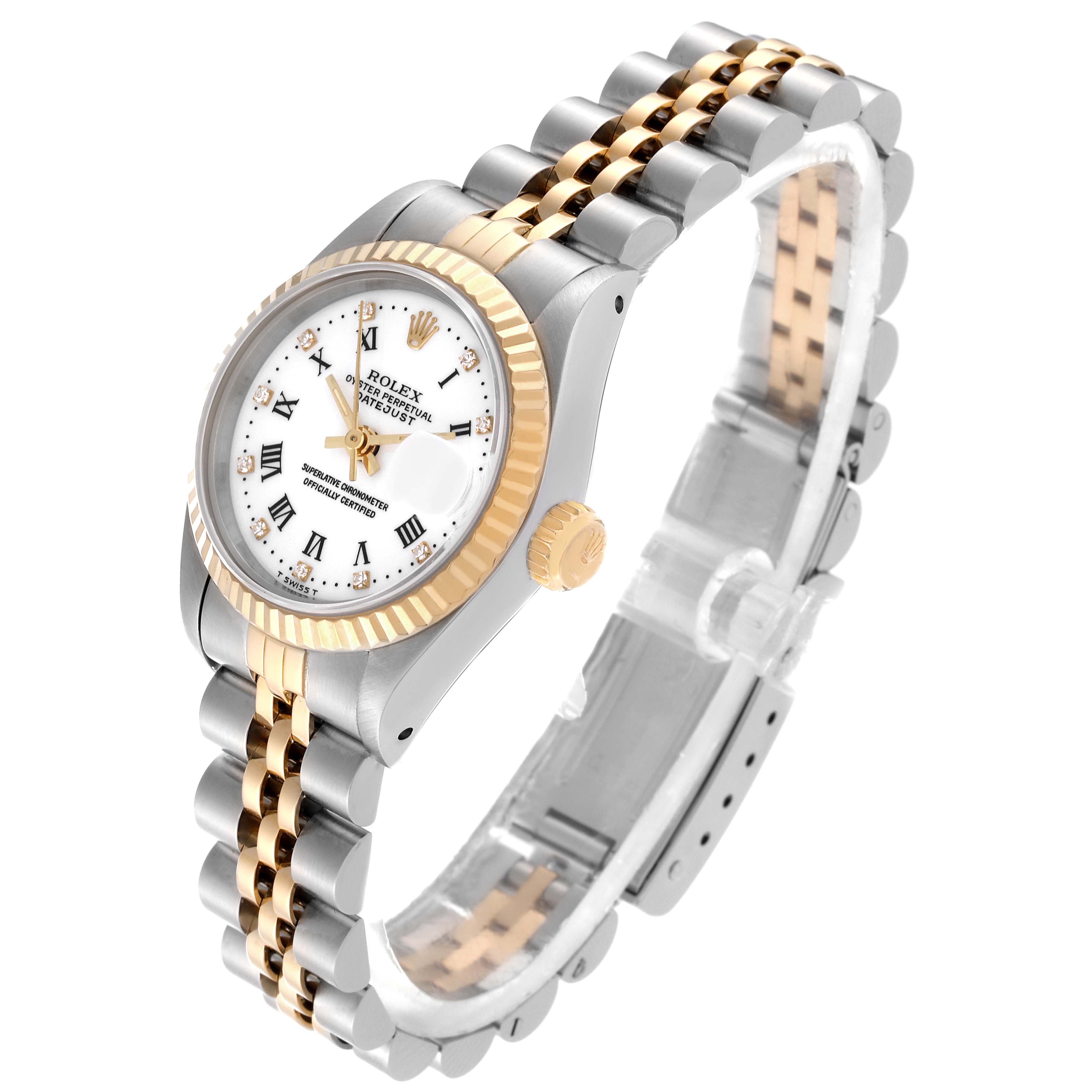 The Rolex Datejust 69173G Women's Steel and Gold (two tone) White Dial 69173G Women's Steel and Gold (two tone) White Dial watch is shown at a three-quarter angle, displaying the face, bezel, crown, and bracelet.