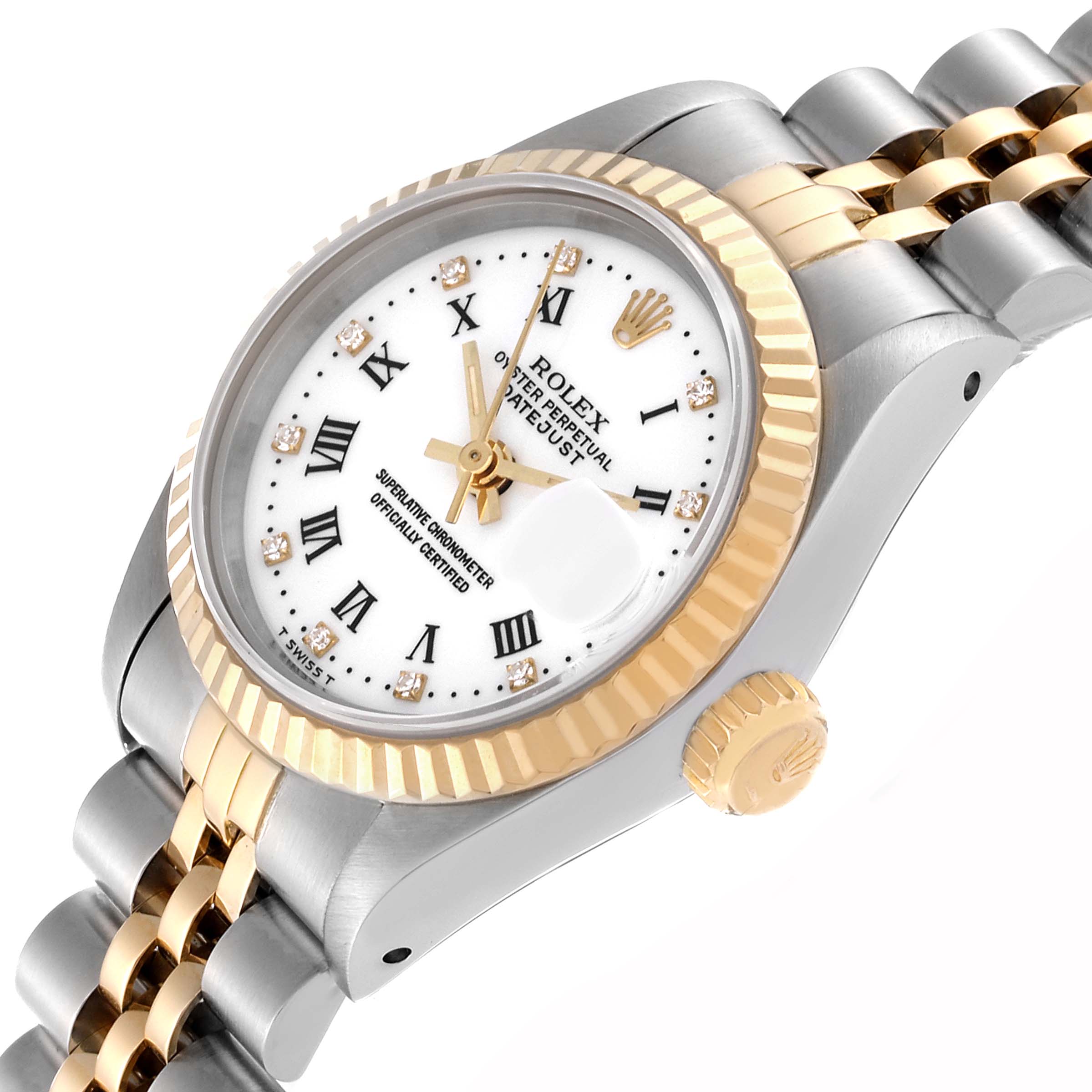 This image shows the Rolex Datejust 69173G Women's Steel and Gold (two tone) White Dial 69173G Women's Steel and Gold (two tone) White Dial watch at an angled side view, highlighting the crown, bezel, and part of the bracelet.