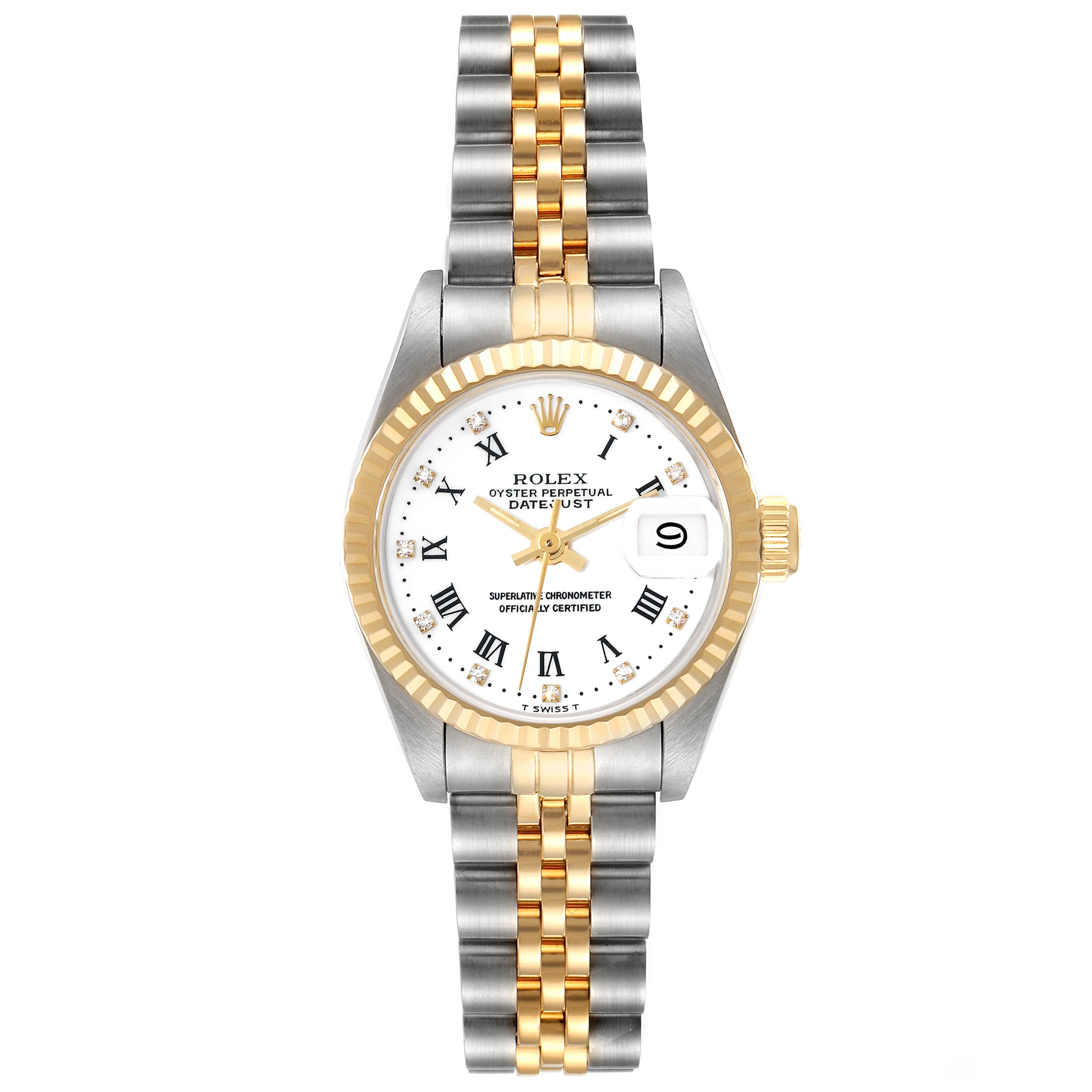 The image shows a front view of a Rolex Datejust 69173G Women's Steel and Gold (two tone) White Dial 69173G Women's Steel and Gold (two tone) White Dial watch, displaying the face, bezel, and two-tone bracelet.
