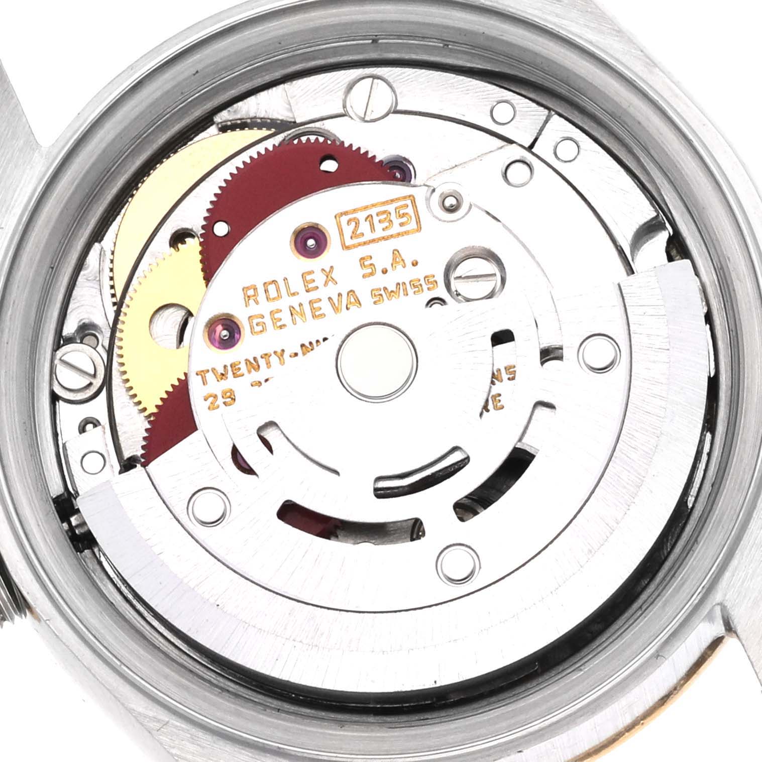 This image shows the internal mechanical movement of a Rolex Datejust 69173G Women's Steel and Gold (two tone) White Dial 69173G Women's Steel and Gold (two tone) White Dial watch, specifically showcasing the rotor and gears.