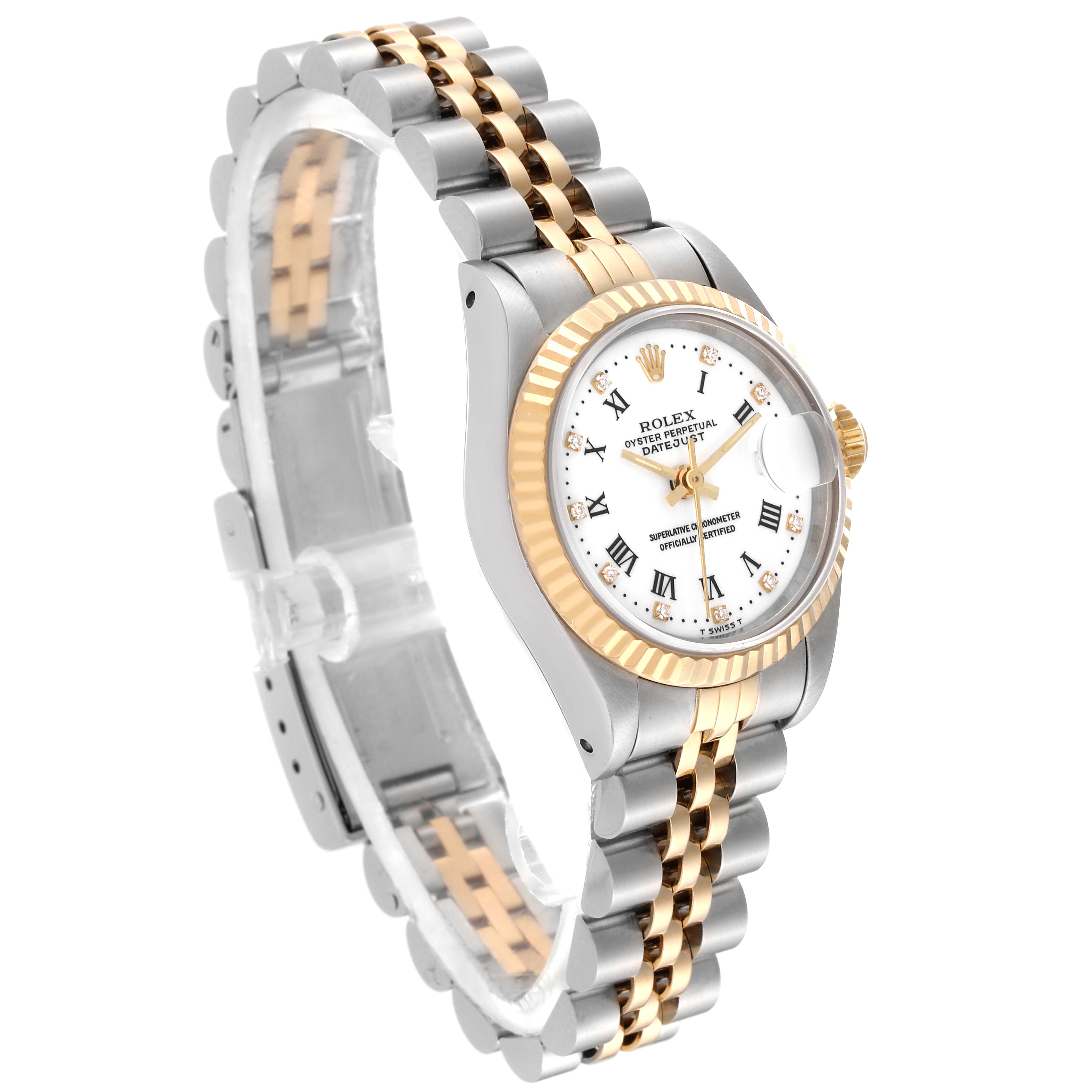 The image shows a Rolex Datejust 69173G Women's Steel and Gold (two tone) White Dial 69173G Women's Steel and Gold (two tone) White Dial watch with a two-tone metal bracelet, fluted bezel, and white dial at a three-quarter angle.