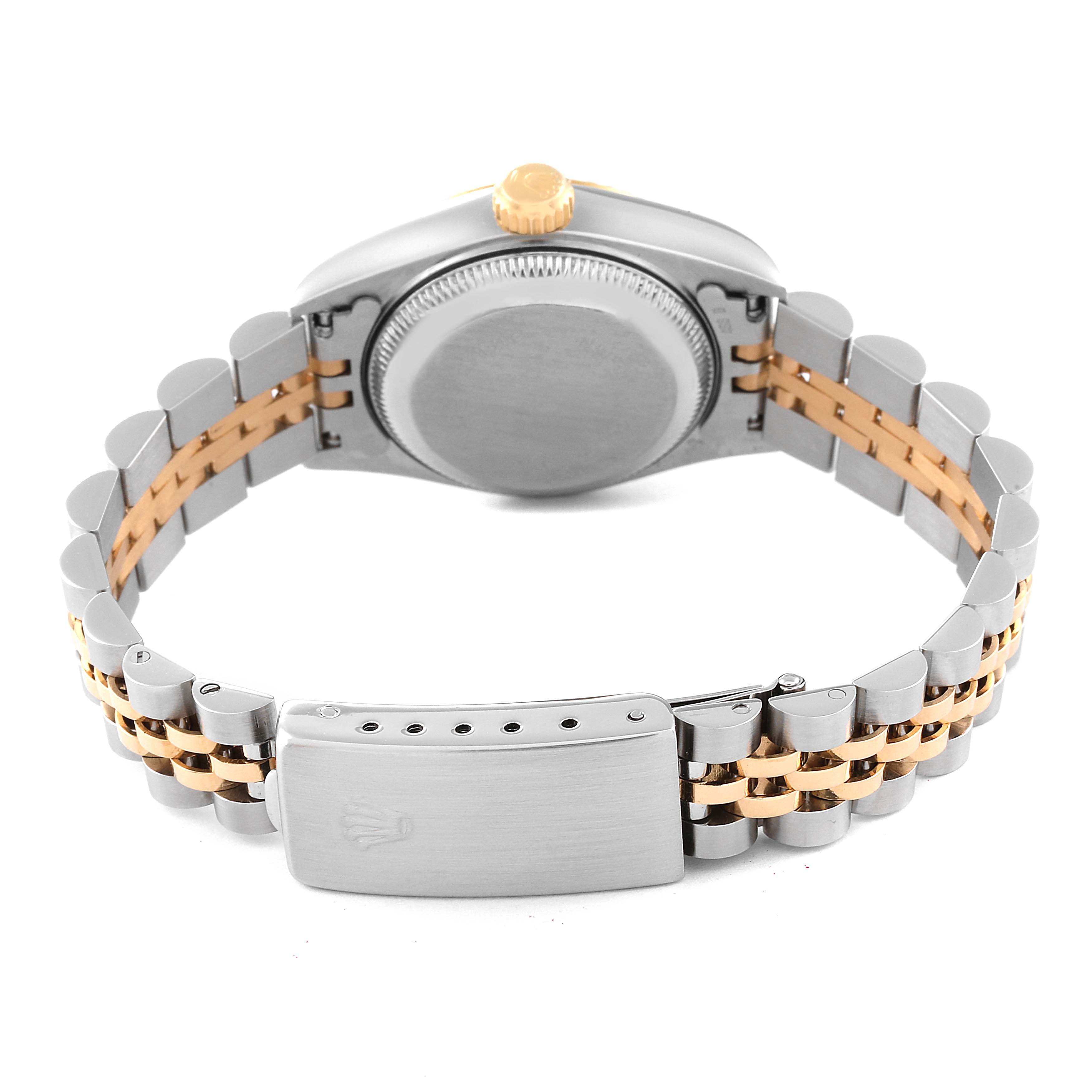 The image shows the back view of a Rolex Datejust 69173 Women's Steel and Gold (two tone) Champagne Dial 69173 Women's Steel and Gold (two tone) Champagne Dial watch, highlighting the case back and two-tone bracelet.
