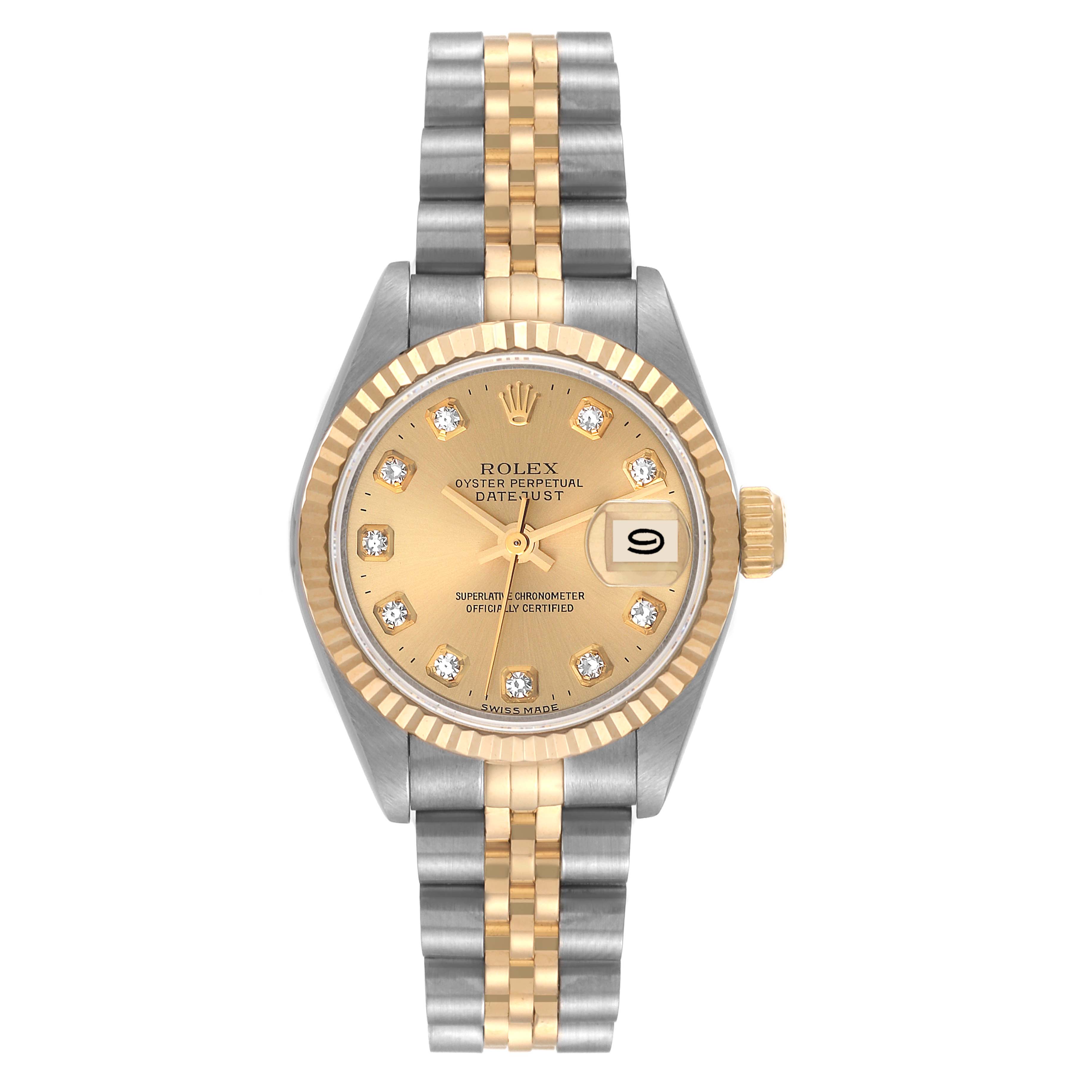 The Rolex Datejust 69173 Women's Steel and Gold (two tone) Champagne Dial 69173 Women's Steel and Gold (two tone) Champagne Dial watch is shown from a front view, highlighting its dial, fluted bezel, and two-tone bracelet.