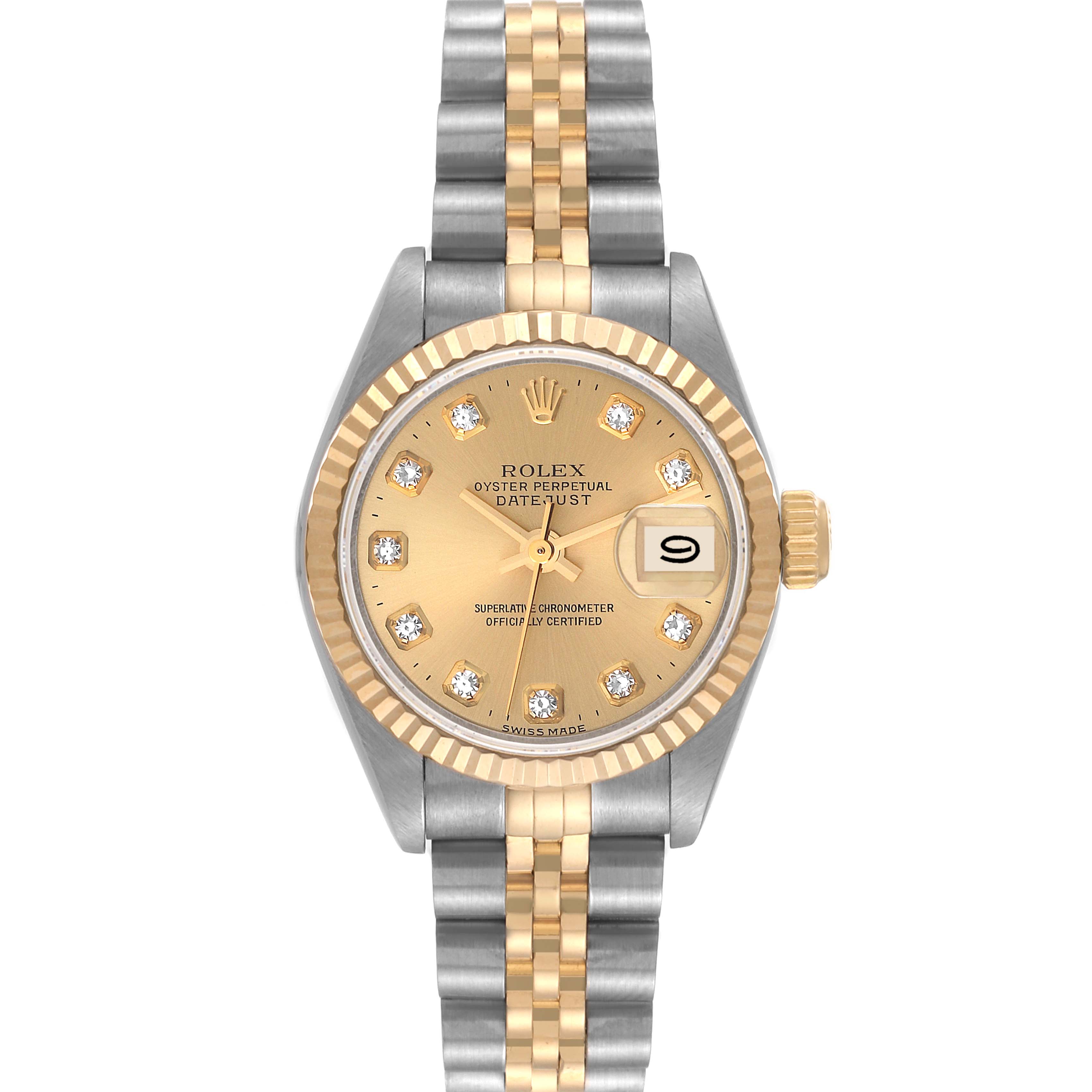 The image shows a frontal view of a Rolex Datejust 69173 Women's Steel and Gold (two tone) Champagne Dial 69173 Women's Steel and Gold (two tone) Champagne Dial watch with a jubilee bracelet and a gold dial.