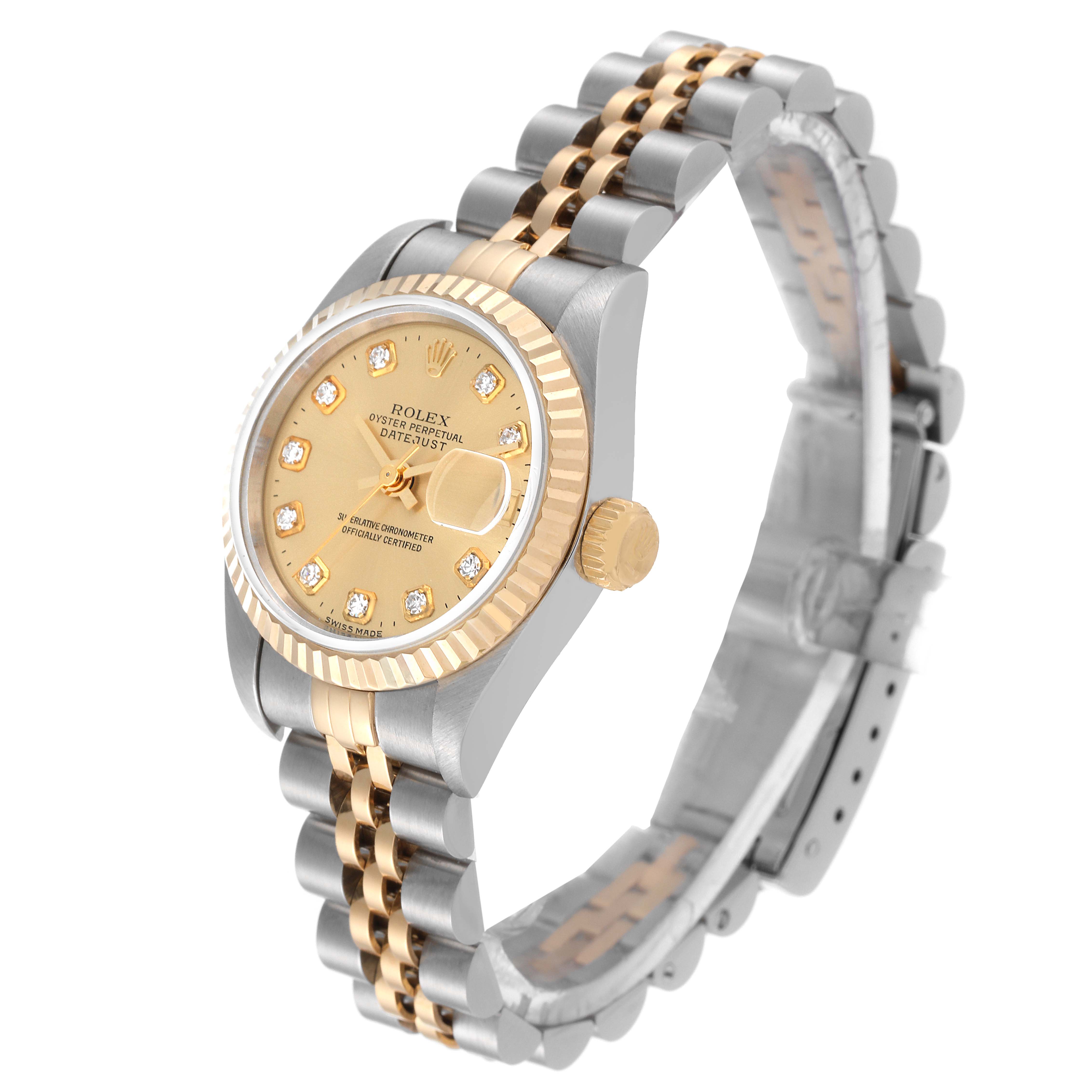 This Rolex Datejust 69173 Women's Steel and Gold (two tone) Champagne Dial 69173 Women's Steel and Gold (two tone) Champagne Dial watch is shown from an angled side view, highlighting the face, crown, and part of the bracelet.