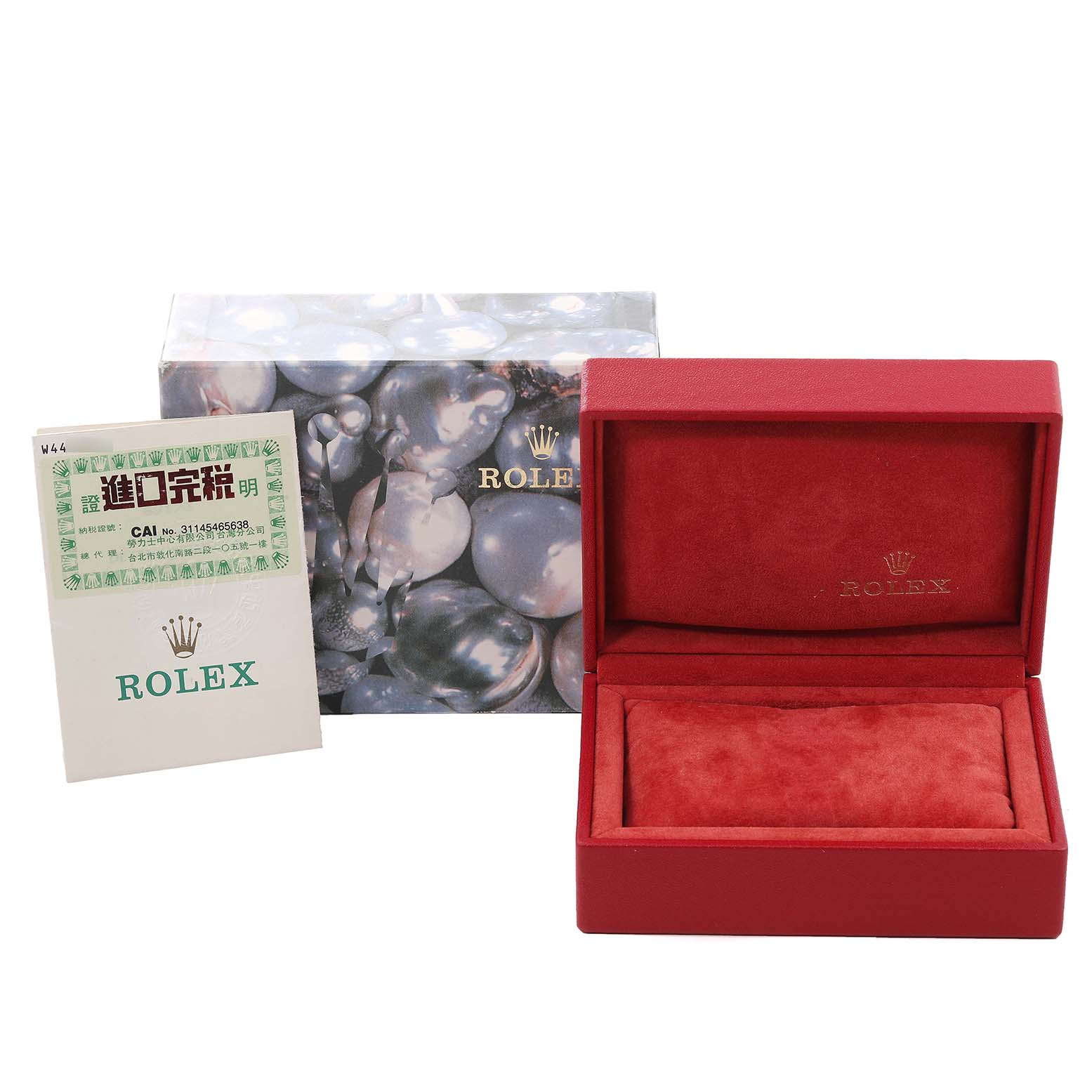The image shows the packaging and box for a Rolex Datejust 69173 Women's Steel and Gold (two tone) Champagne Dial 69173 Women's Steel and Gold (two tone) Champagne Dial model, including a red velvet watch case, an outer box, and documentation.