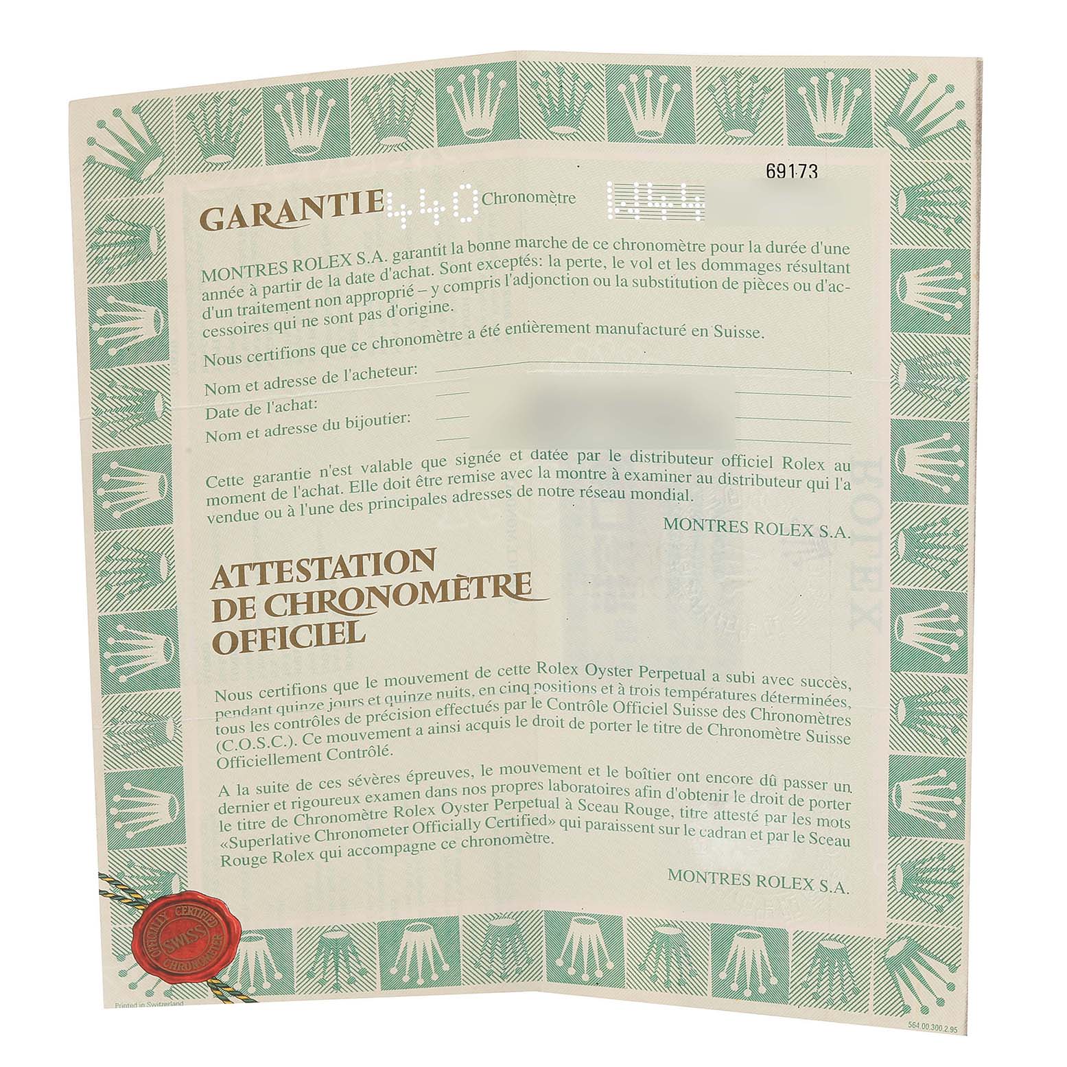 The image shows a warranty certificate for a Rolex Datejust 69173 Women's Steel and Gold (two tone) Champagne Dial 69173 Women's Steel and Gold (two tone) Champagne Dial watch, detailing guarantee and chronometer certification.