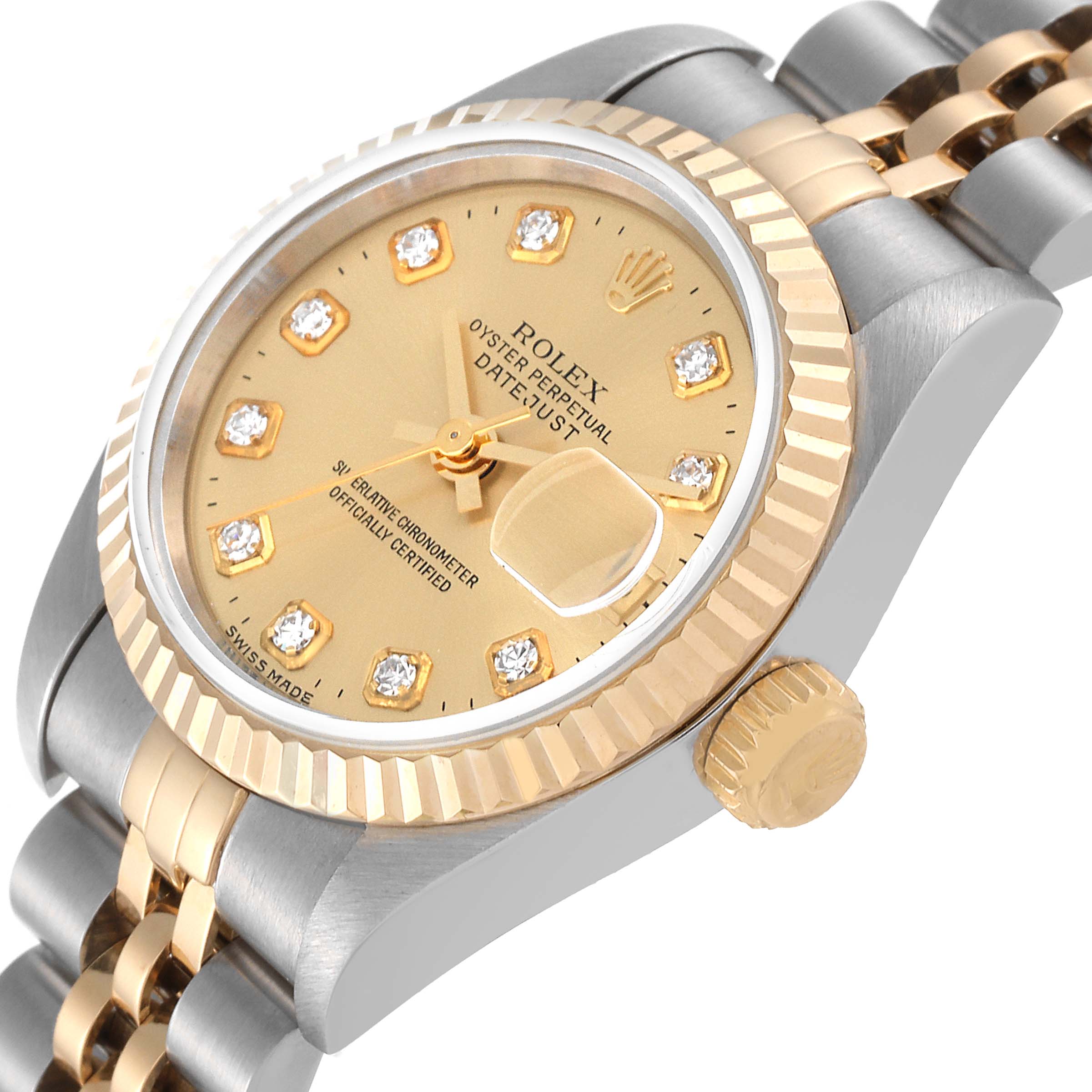 This Rolex Datejust 69173 Women's Steel and Gold (two tone) Champagne Dial 69173 Women's Steel and Gold (two tone) Champagne Dial watch is shown from a side angle, highlighting the face, bezel, crown, and part of the bracelet.