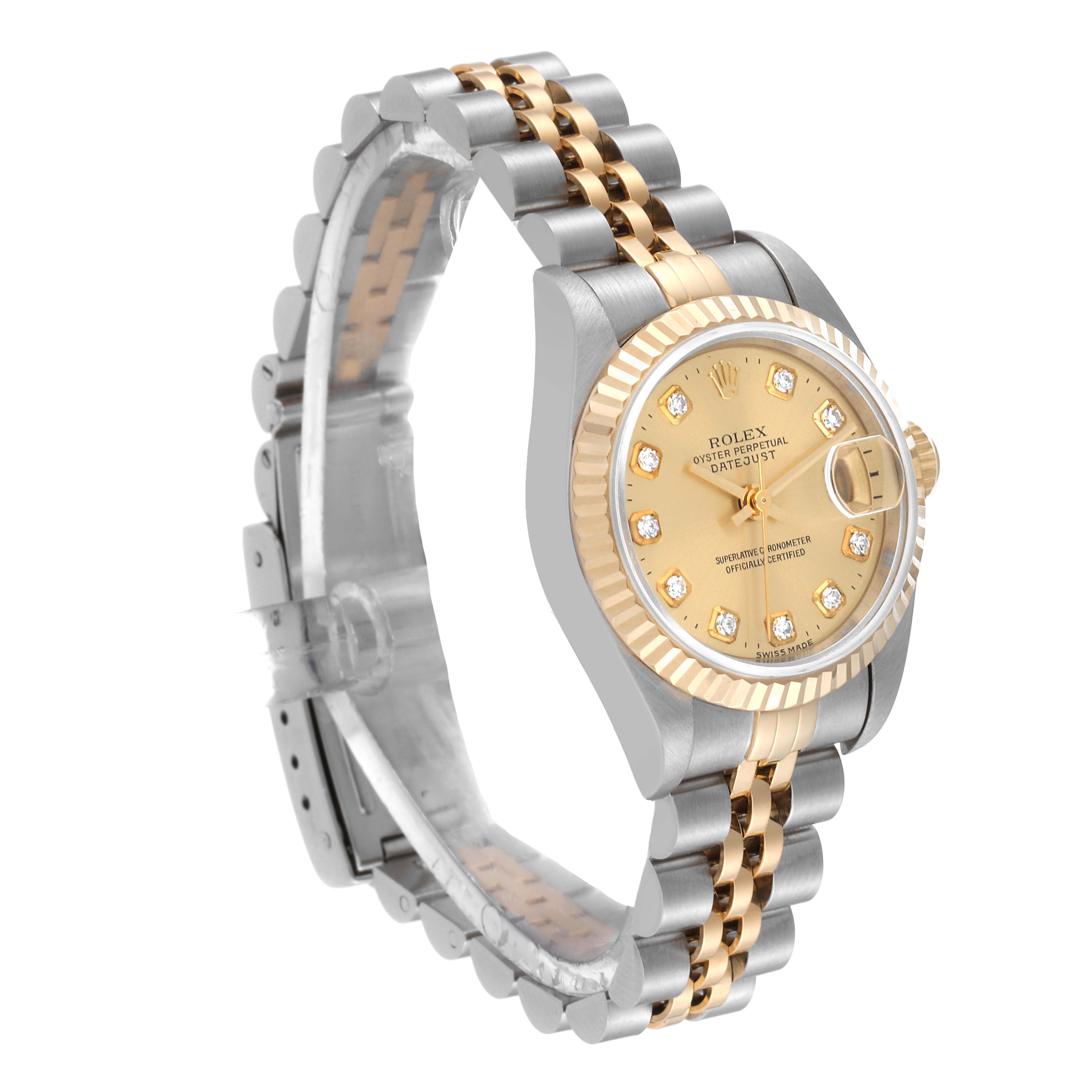 The Rolex Datejust 69173 Women's Steel and Gold (two tone) Champagne Dial 69173 Women's Steel and Gold (two tone) Champagne Dial watch is shown at a three-quarter angle highlighting its two-tone bracelet and diamond-studded dial.
