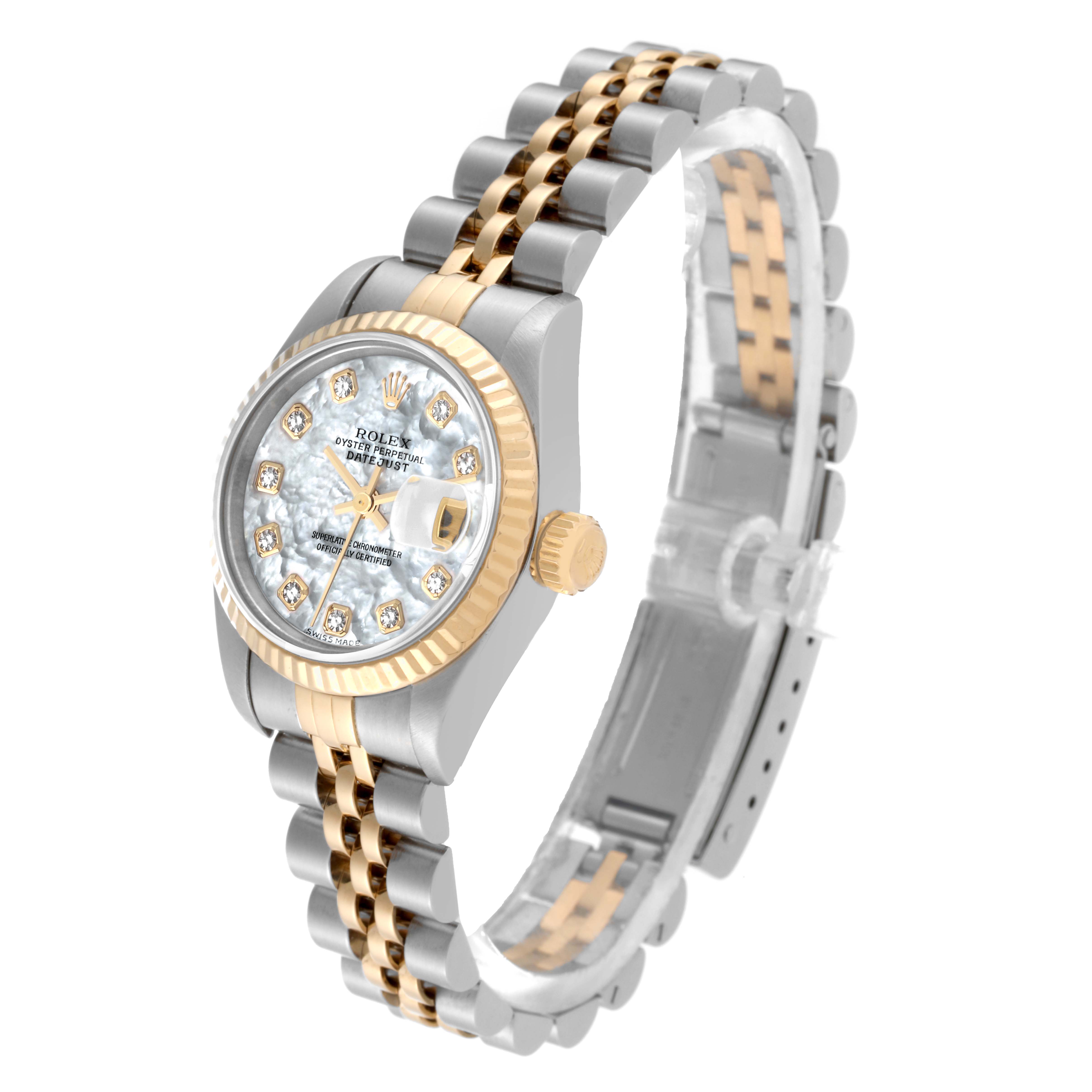 The image shows a Rolex Datejust 79173 Women's Stainless Steel Mother of Pearl Dial 79173 Women's Stainless Steel Mother of Pearl Dial watch from a three-quarter angle, highlighting its bezel, dial, case, and bracelet.