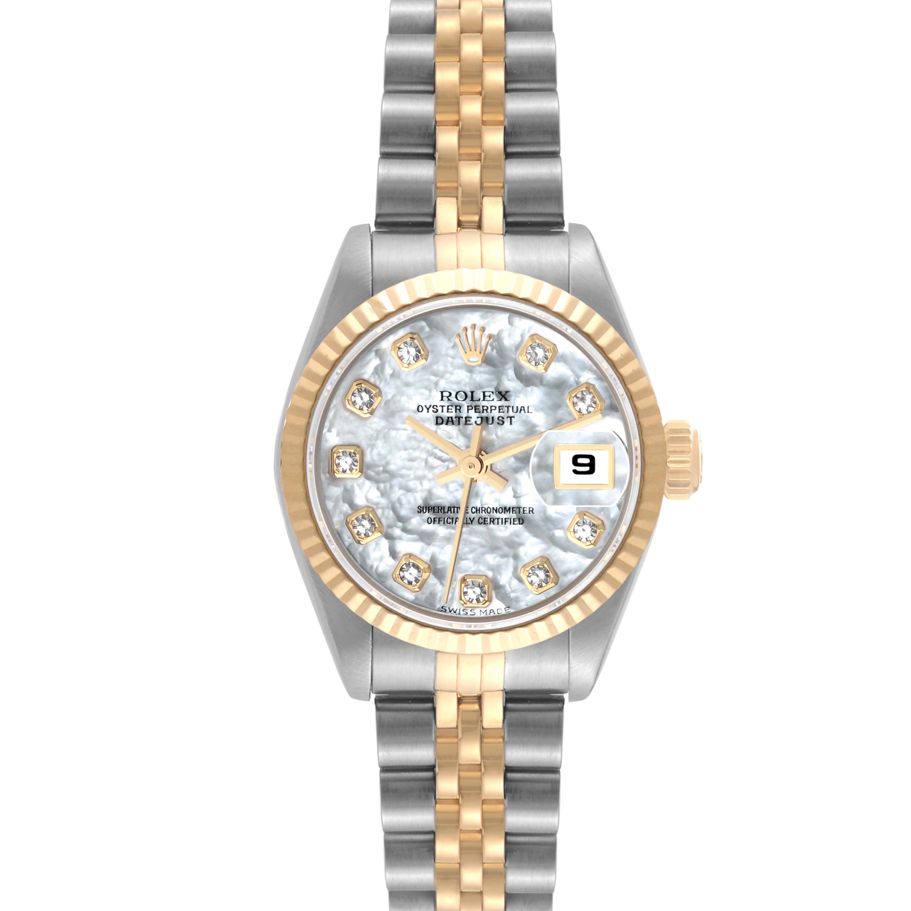 The image shows a straight-on view of a Rolex Datejust 79173 Women's Stainless Steel Mother of Pearl Dial 79173 Women's Stainless Steel Mother of Pearl Dial watch, highlighting its dial, bezel, and bracelet.