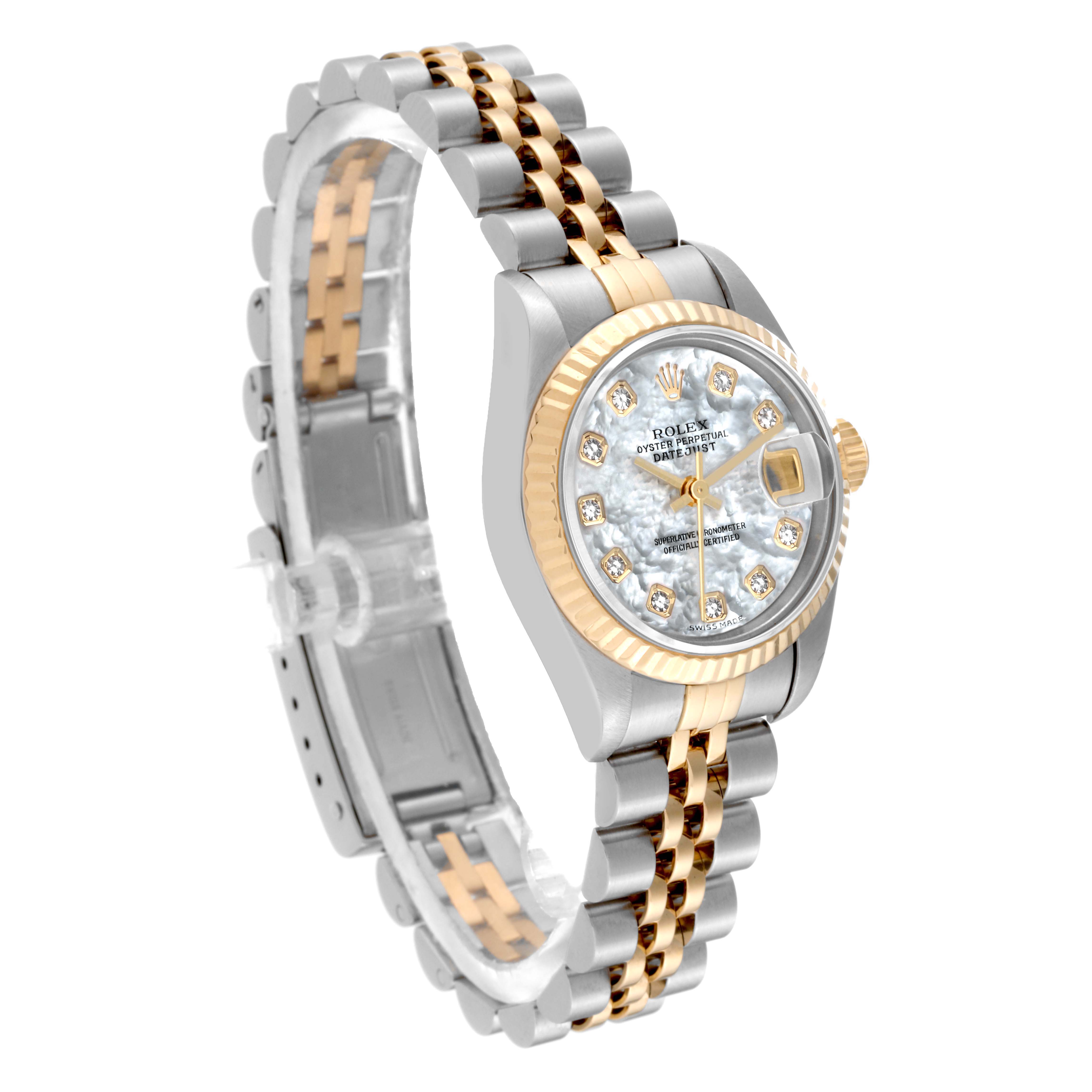 The image shows a Rolex Datejust 79173 Women's Stainless Steel Mother of Pearl Dial 79173 Women's Stainless Steel Mother of Pearl Dial watch at an angle highlighting the dial, bezel, and two-tone bracelet.