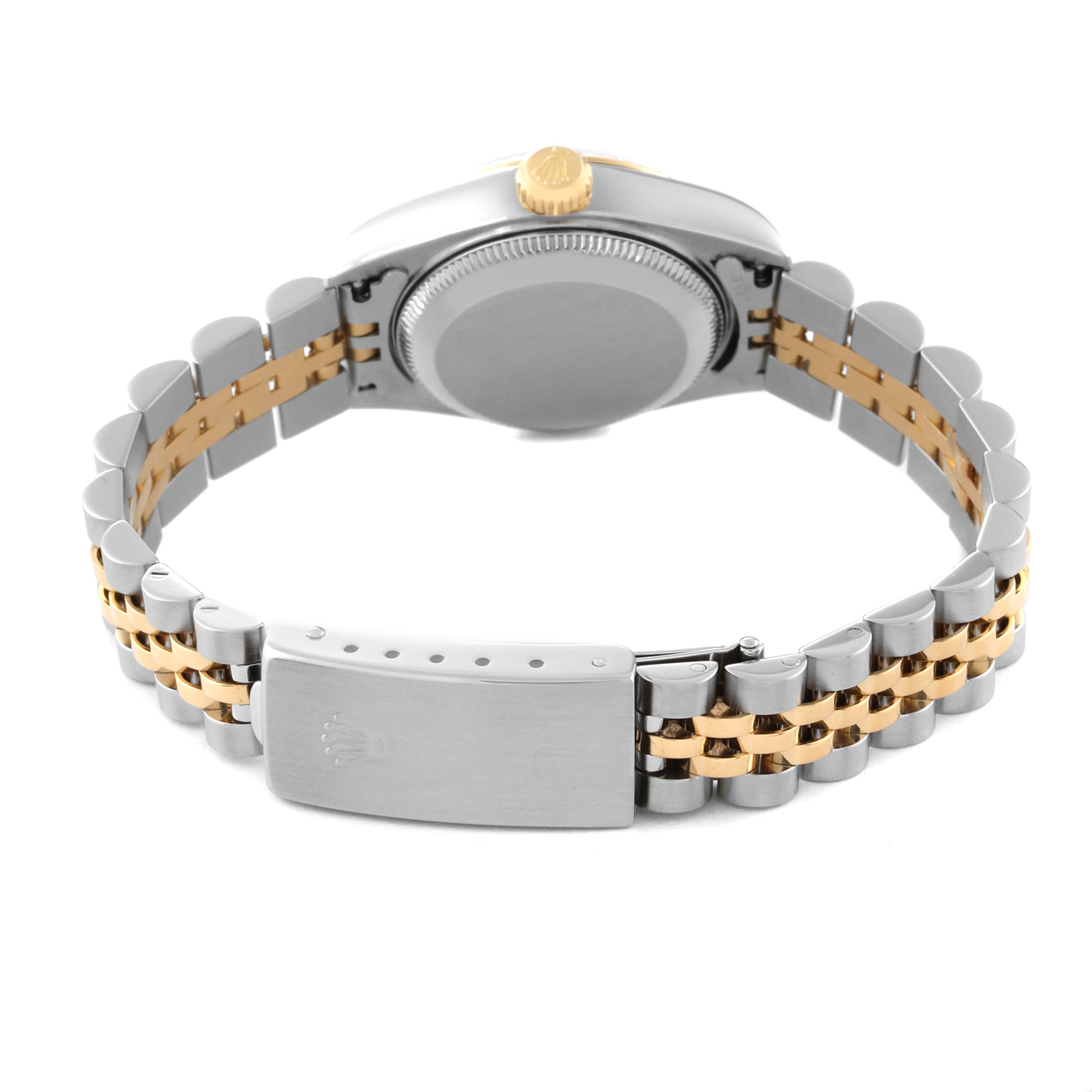 The image shows the back angle of a Rolex Datejust 79173 Women's Stainless Steel Mother of Pearl Dial 79173 Women's Stainless Steel Mother of Pearl Dial watch, displaying the bracelet, clasp, and case back.