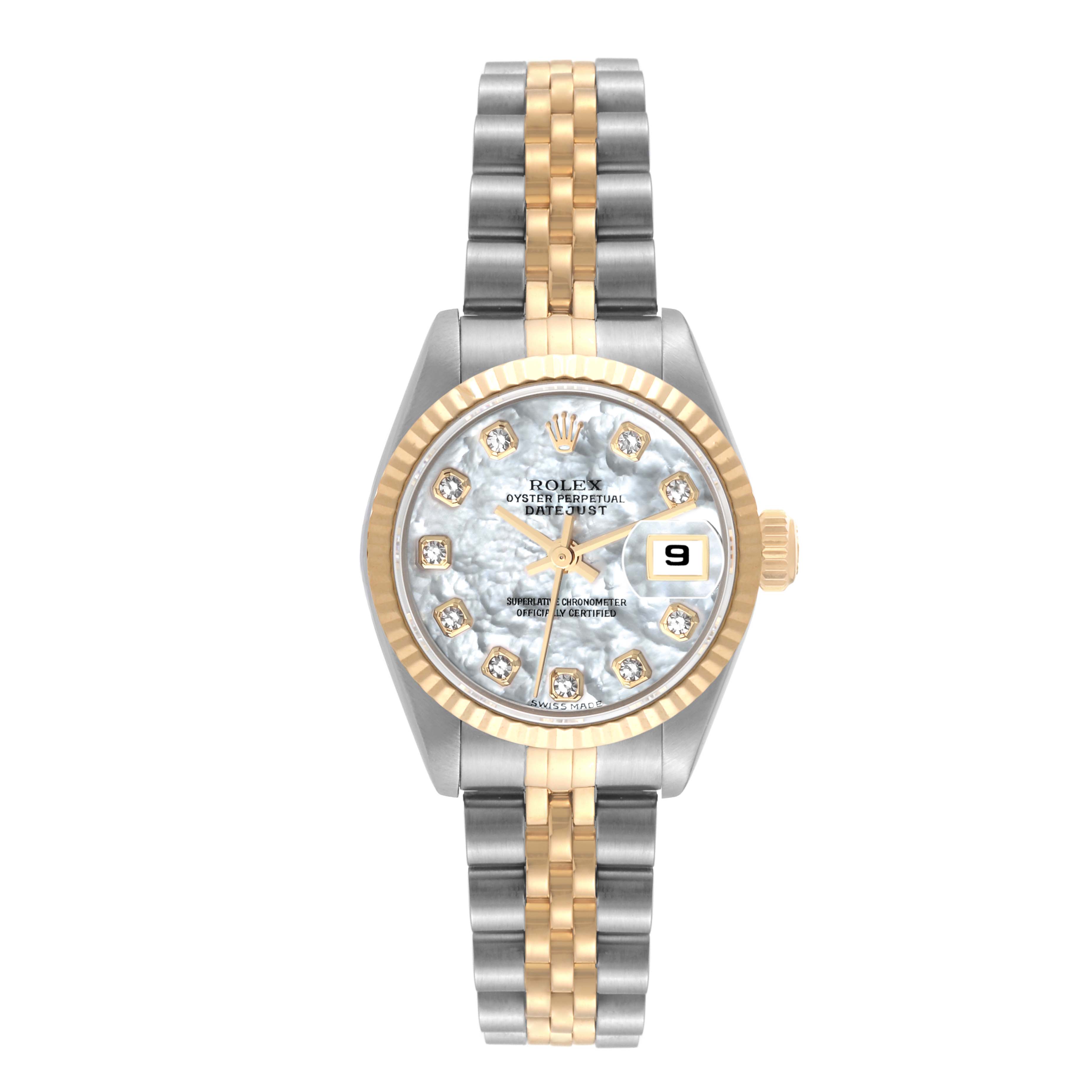 This Rolex Datejust 79173 Women's Stainless Steel Mother of Pearl Dial 79173 Women's Stainless Steel Mother of Pearl Dial watch is shown from the front, highlighting its face, bezel, and two-tone metal bracelet.