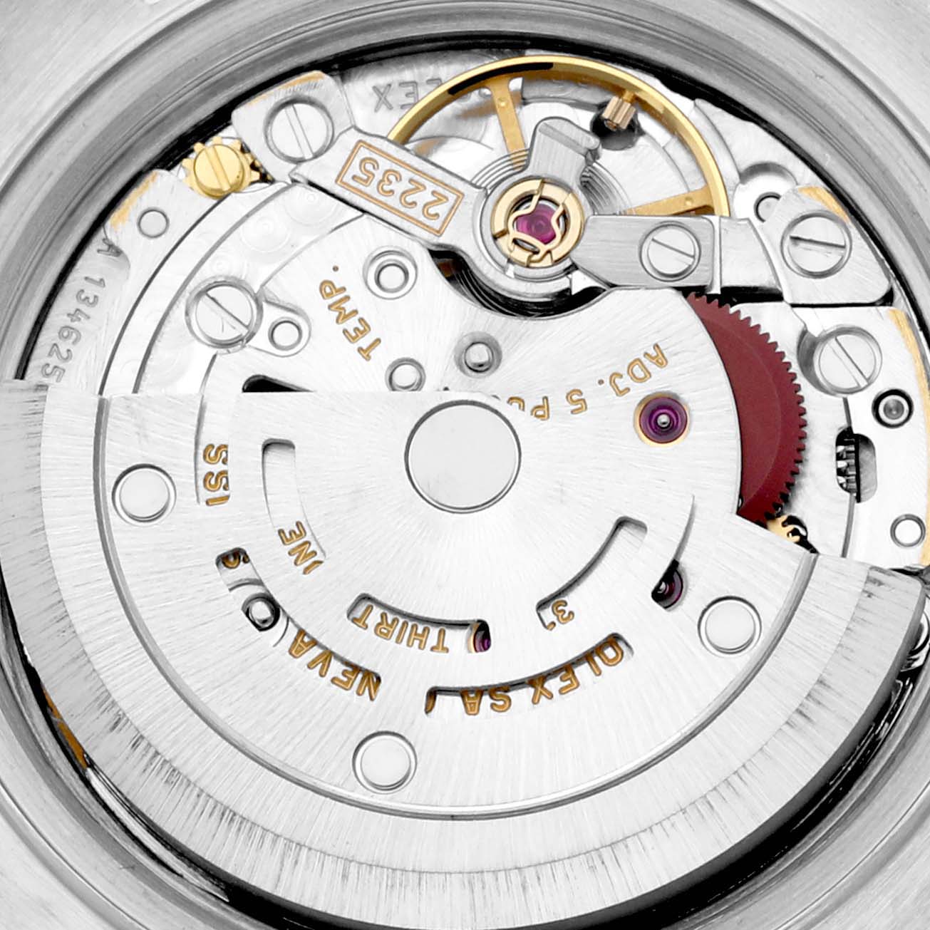 The image shows a close-up view of the Rolex Datejust 79173 Women's Stainless Steel Mother of Pearl Dial 79173 Women's Stainless Steel Mother of Pearl Dial's internal movement components.