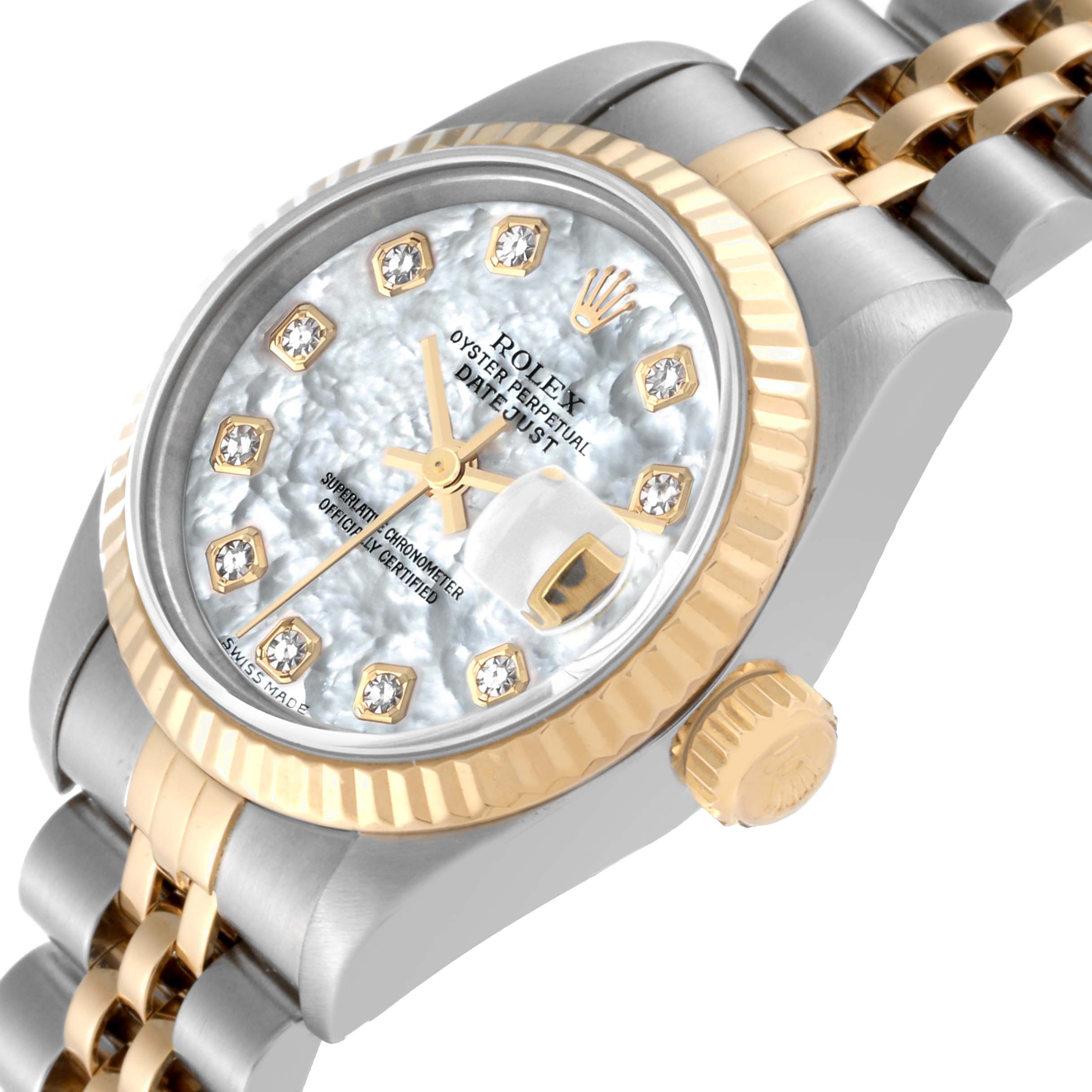 The image shows a Rolex Datejust 79173 Women's Stainless Steel Mother of Pearl Dial 79173 Women's Stainless Steel Mother of Pearl Dial watch from an angled view, highlighting its face, bezel, crown, and part of the bracelet.